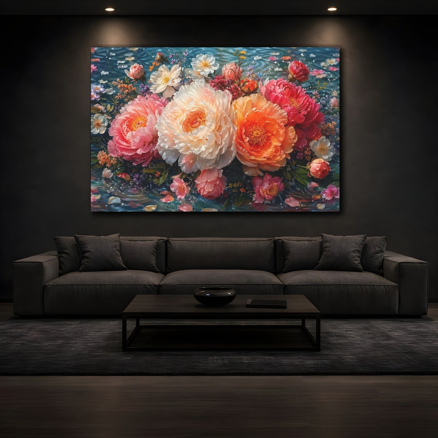 Mockup 3. Floral Peony Bouquet Pink Orange Peonies shown as stretched canvas wall art