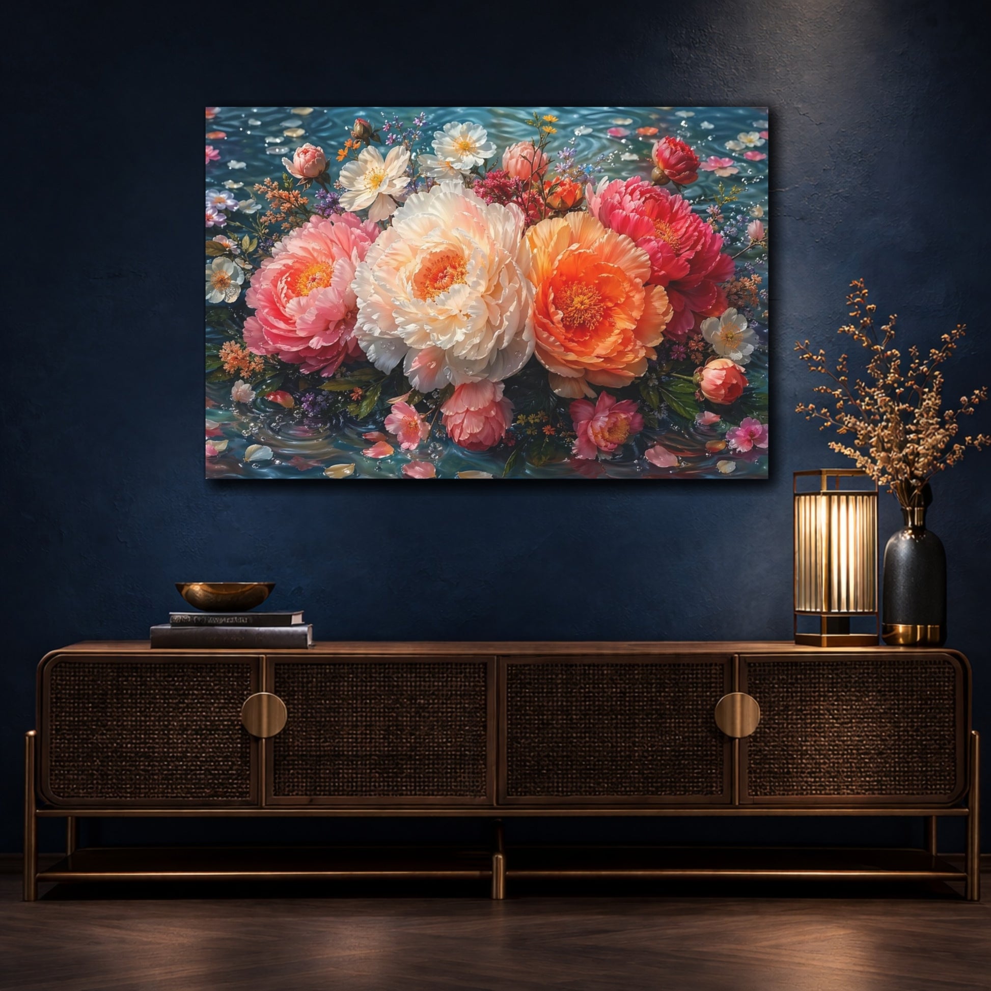 Mockup 4. Floral Peony Bouquet Pink Orange Peonies shown as stretched canvas wall art