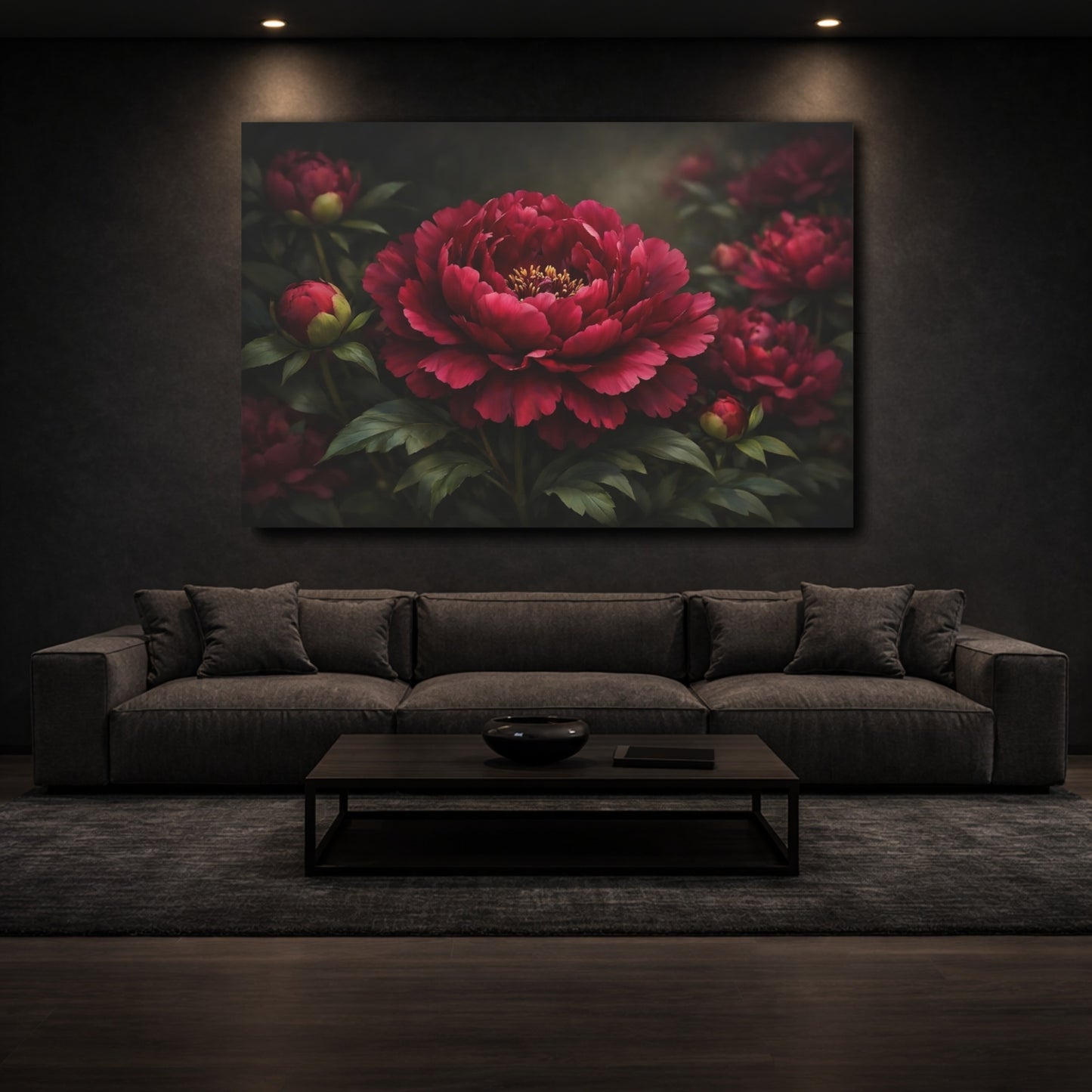 Mockup 2. Floral Peony Flower Deep Red Floral shown as stretched canvas wall art