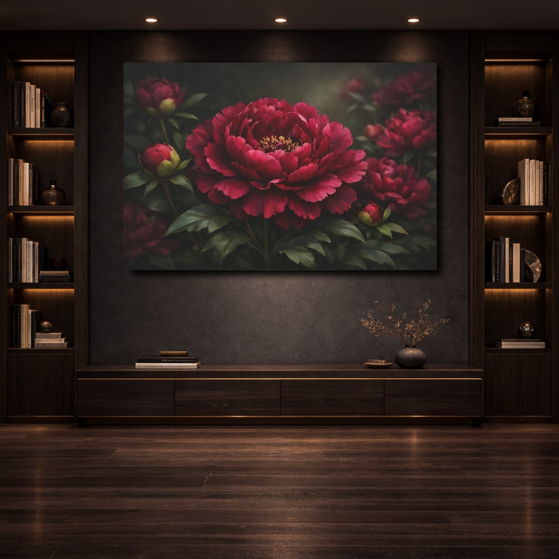 Mockup 3. Floral Peony Flower Deep Red Floral shown as stretched canvas wall art