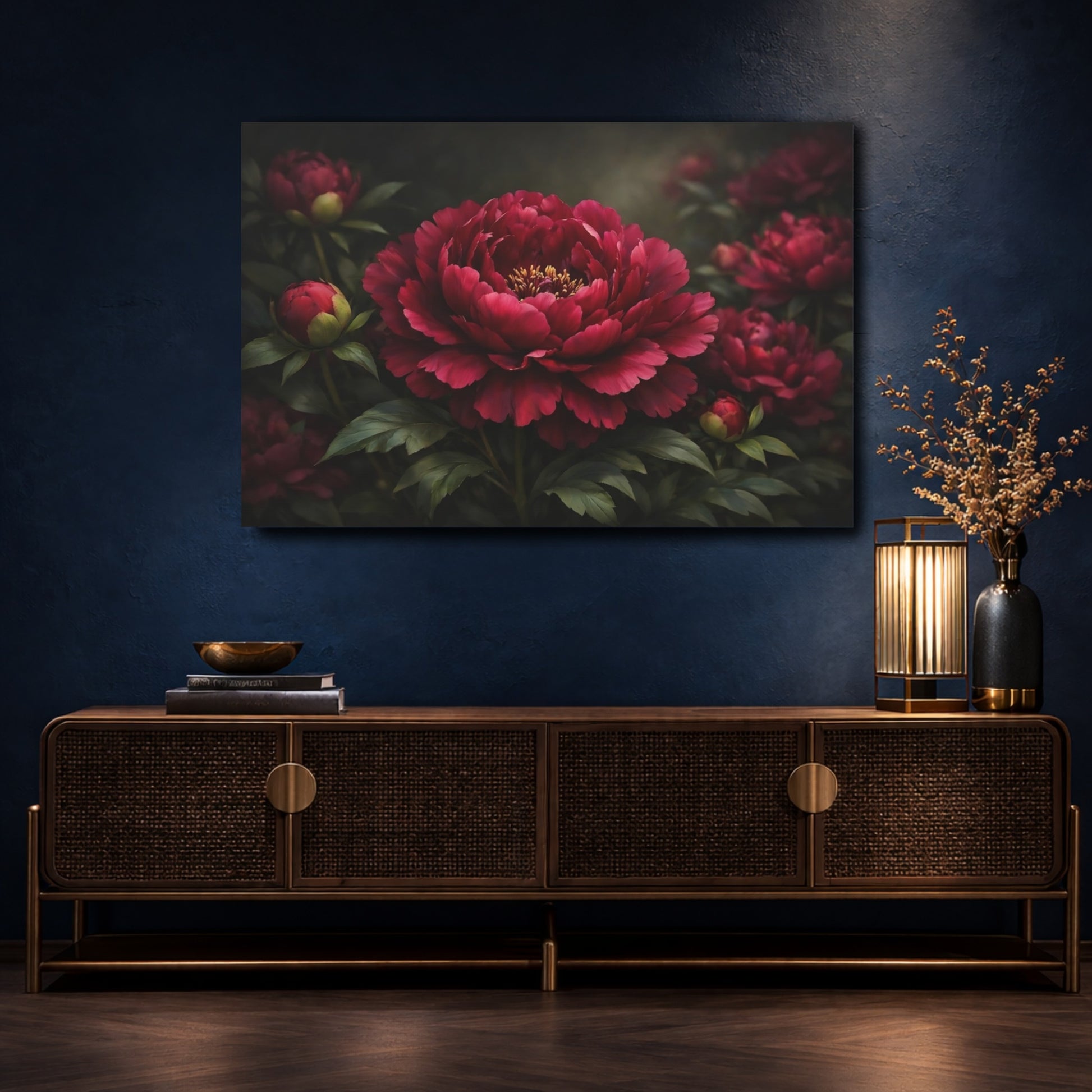 Mockup 4. Floral Peony Flower Deep Red Floral shown as stretched canvas wall art