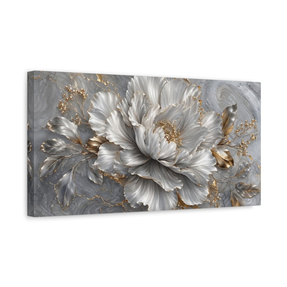 Side Mockup 3. Floral Peony Flower Grey And Gold Peony shown as stretched canvas wall art
