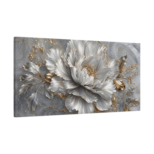 Main Mockup. Floral Peony Flower Grey And Gold Peony shown as stretched canvas wall art