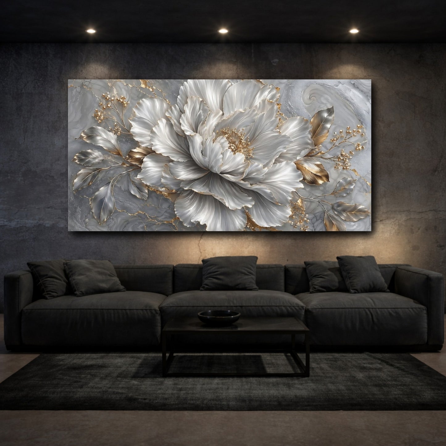 Mockup 2. Floral Peony Flower Grey And Gold Peony shown as stretched canvas wall art