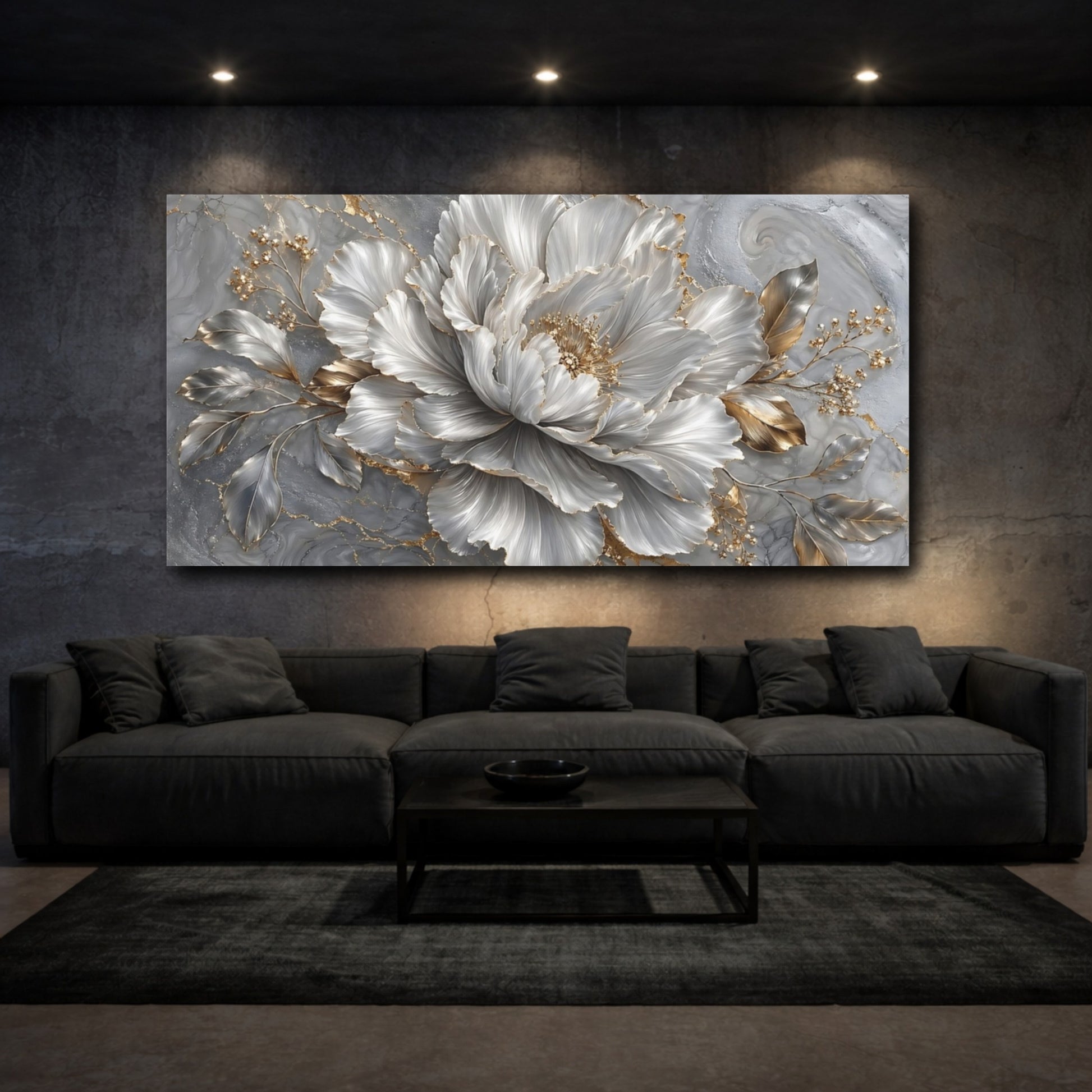 Mockup 2. Floral Peony Flower Grey And Gold Peony shown as stretched canvas wall art