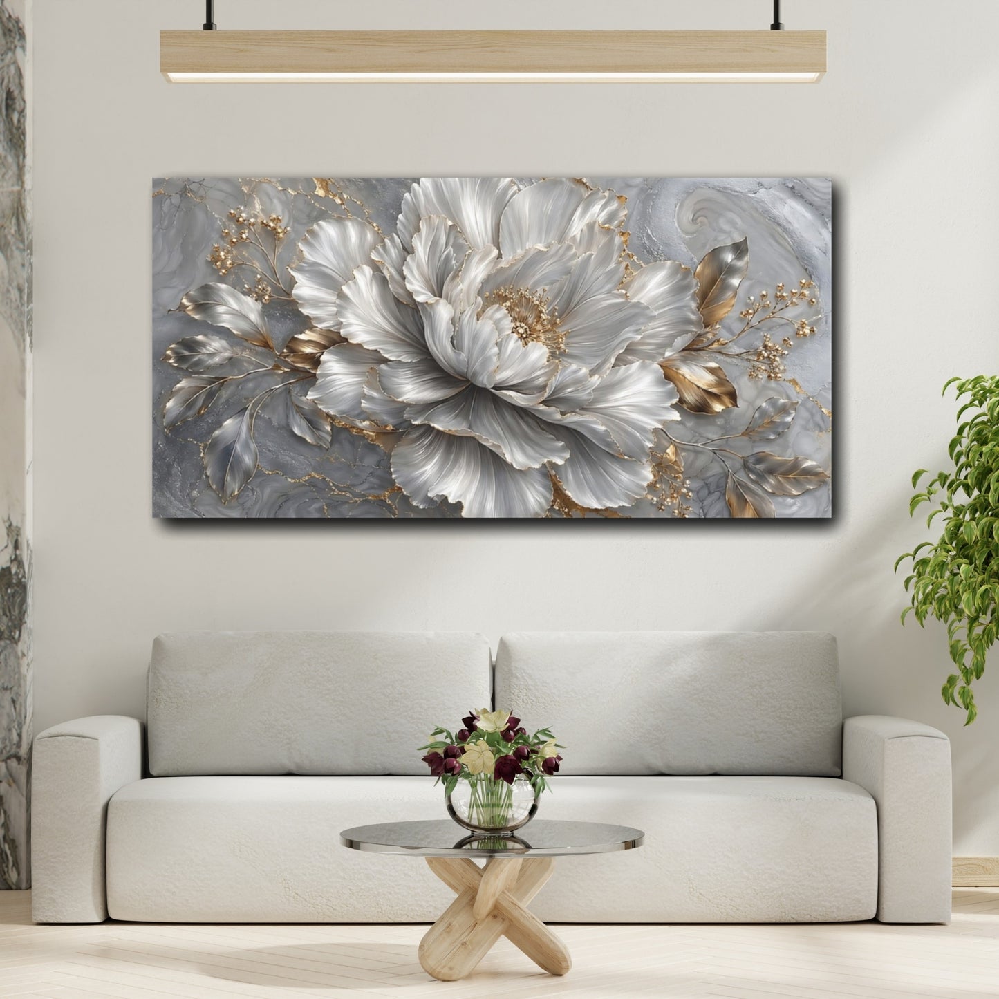 Mockup 3. Floral Peony Flower Grey And Gold Peony shown as stretched canvas wall art