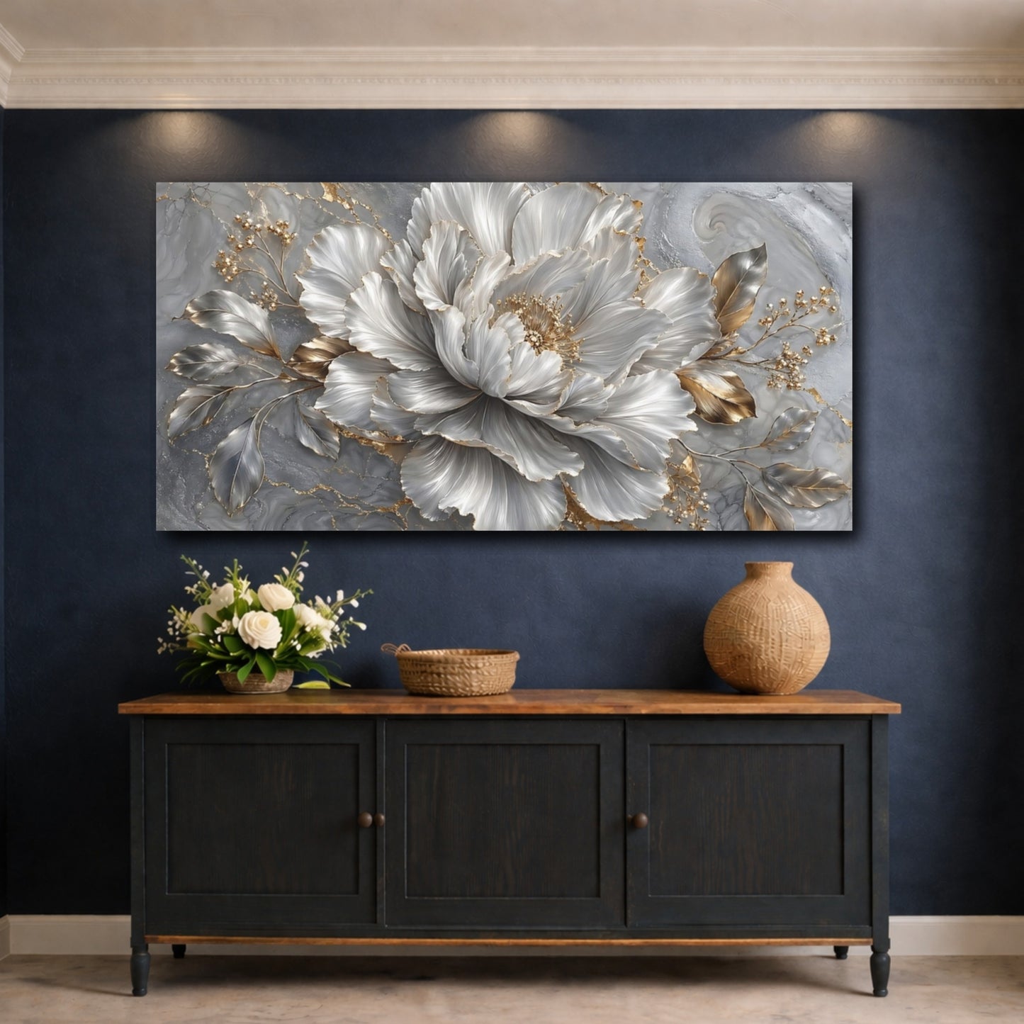 Mockup 4. Floral Peony Flower Grey And Gold Peony shown as stretched canvas wall art