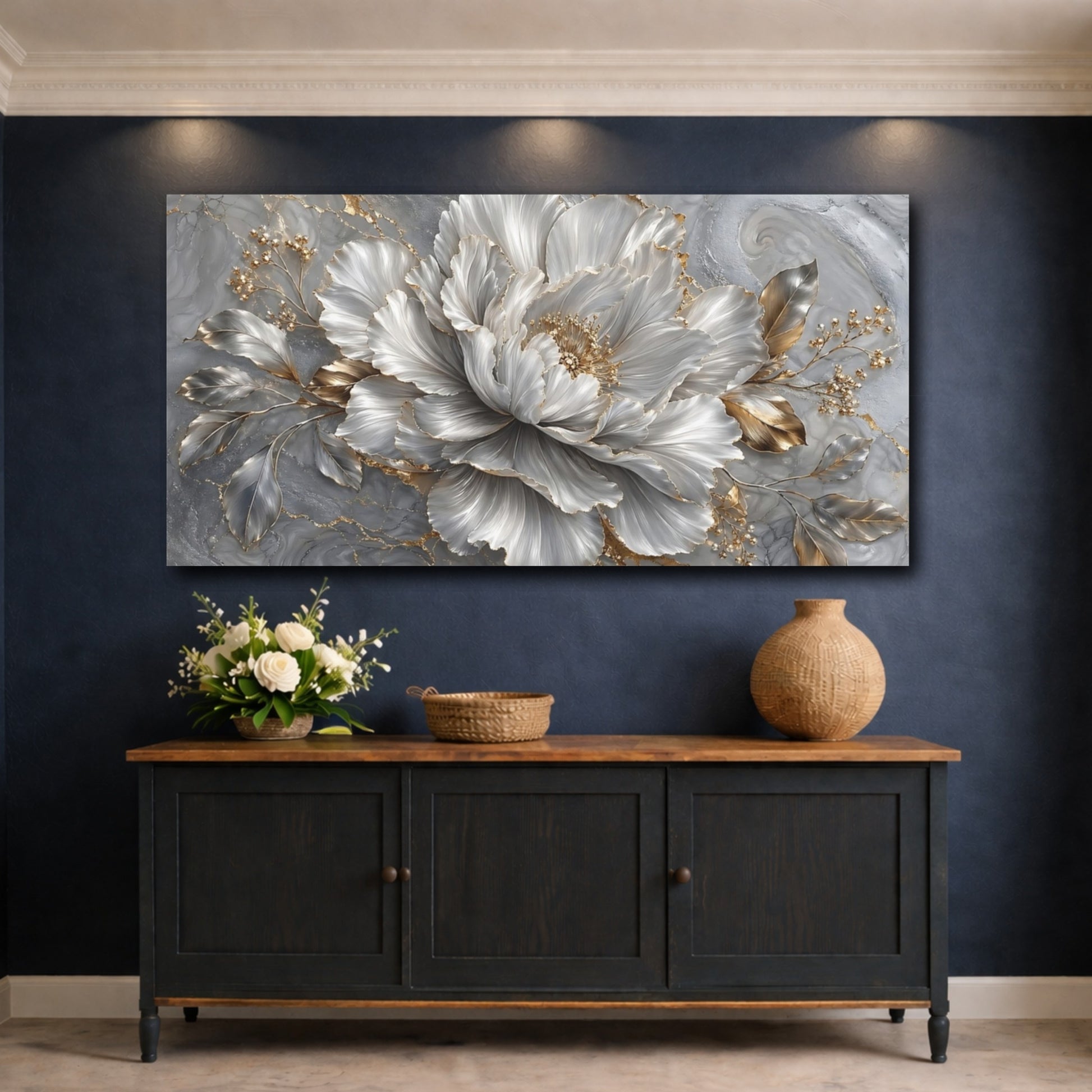 Mockup 4. Floral Peony Flower Grey And Gold Peony shown as stretched canvas wall art