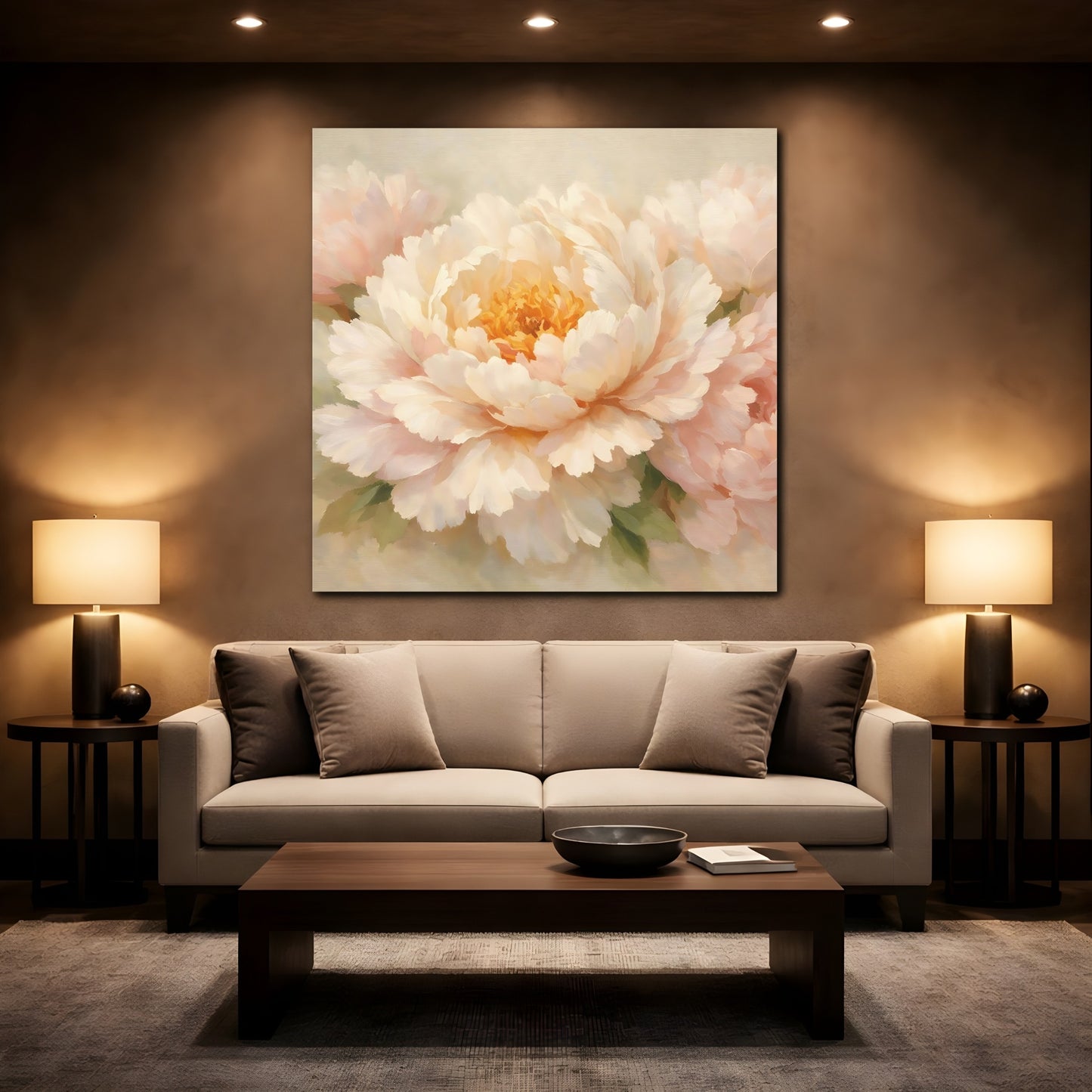 Mockup 2. Floral Peony Flower Light Pink Peony shown as stretched canvas wall art