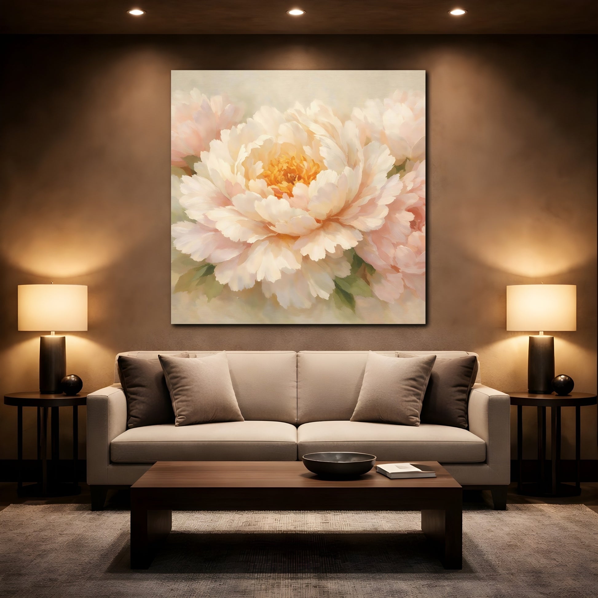 Mockup 2. Floral Peony Flower Light Pink Peony shown as stretched canvas wall art