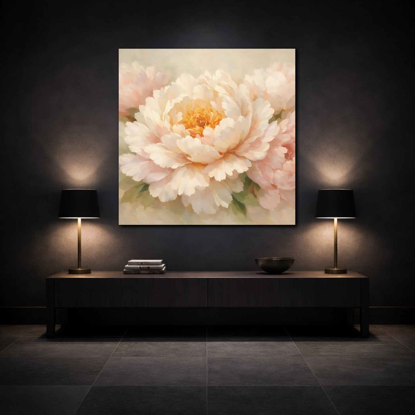 Mockup 3. Floral Peony Flower Light Pink Peony shown as stretched canvas wall art