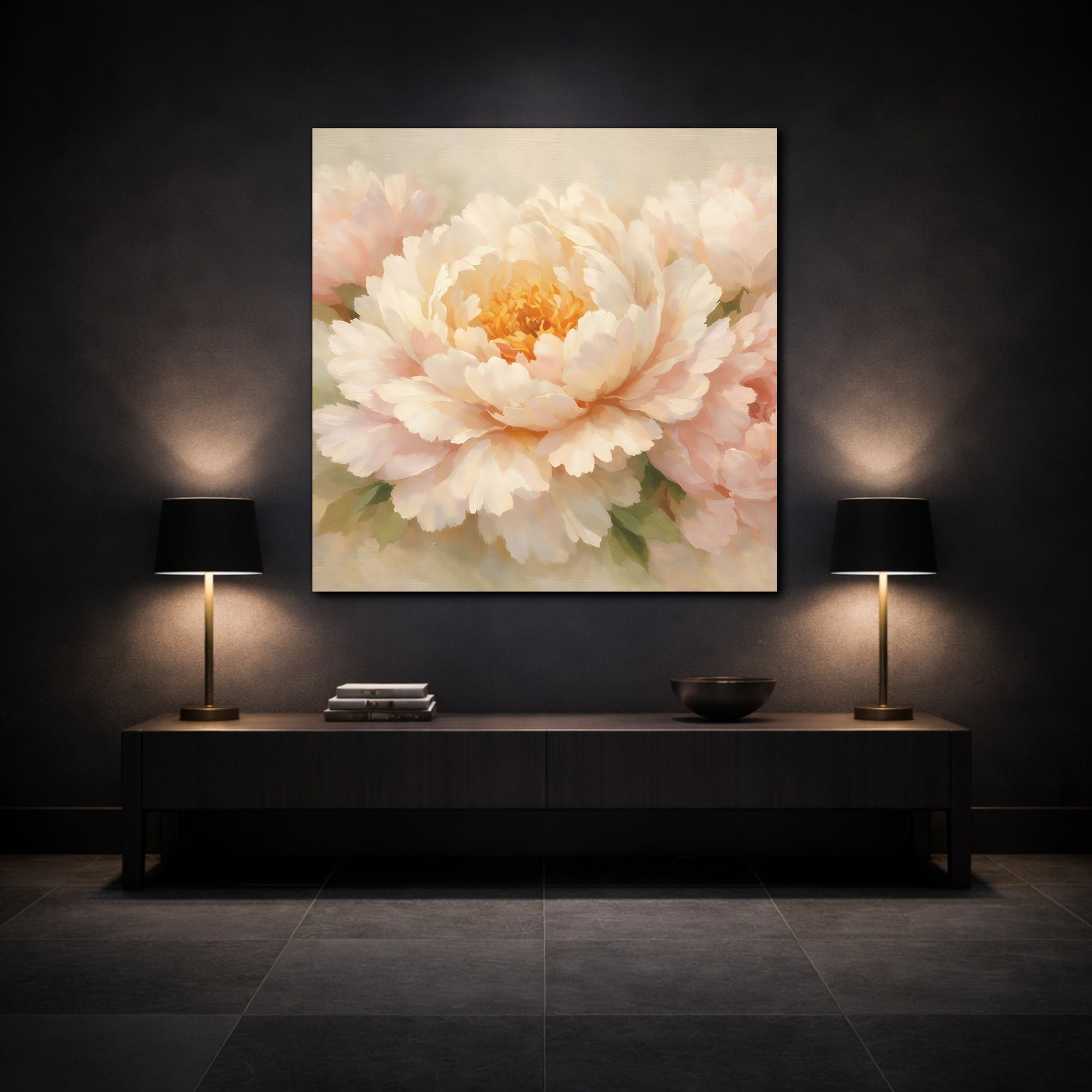 Mockup 3. Floral Peony Flower Light Pink Peony shown as stretched canvas wall art