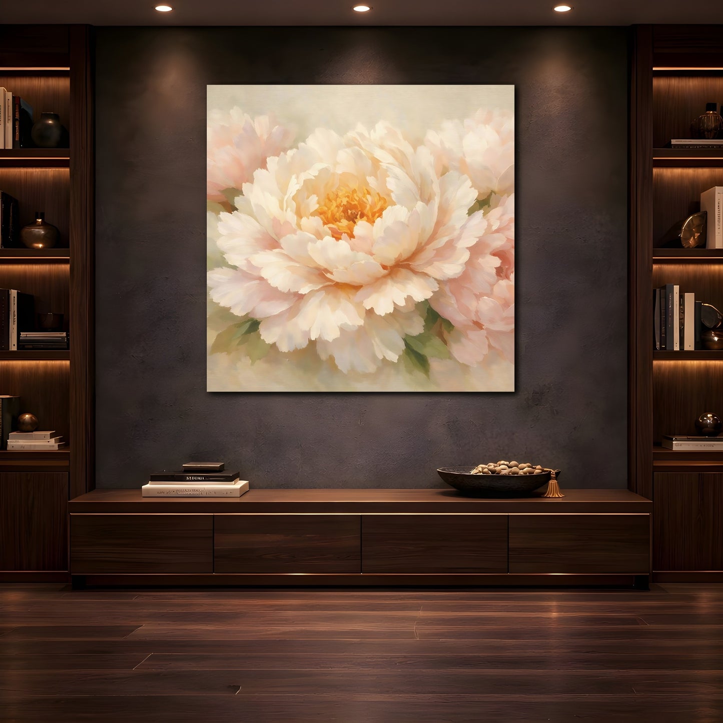 Mockup 4. Floral Peony Flower Light Pink Peony shown as stretched canvas wall art