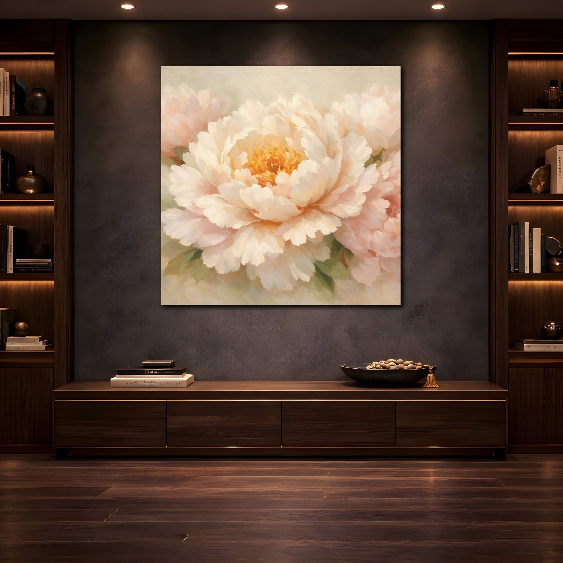 Mockup 4. Floral Peony Flower Light Pink Peony shown as stretched canvas wall art