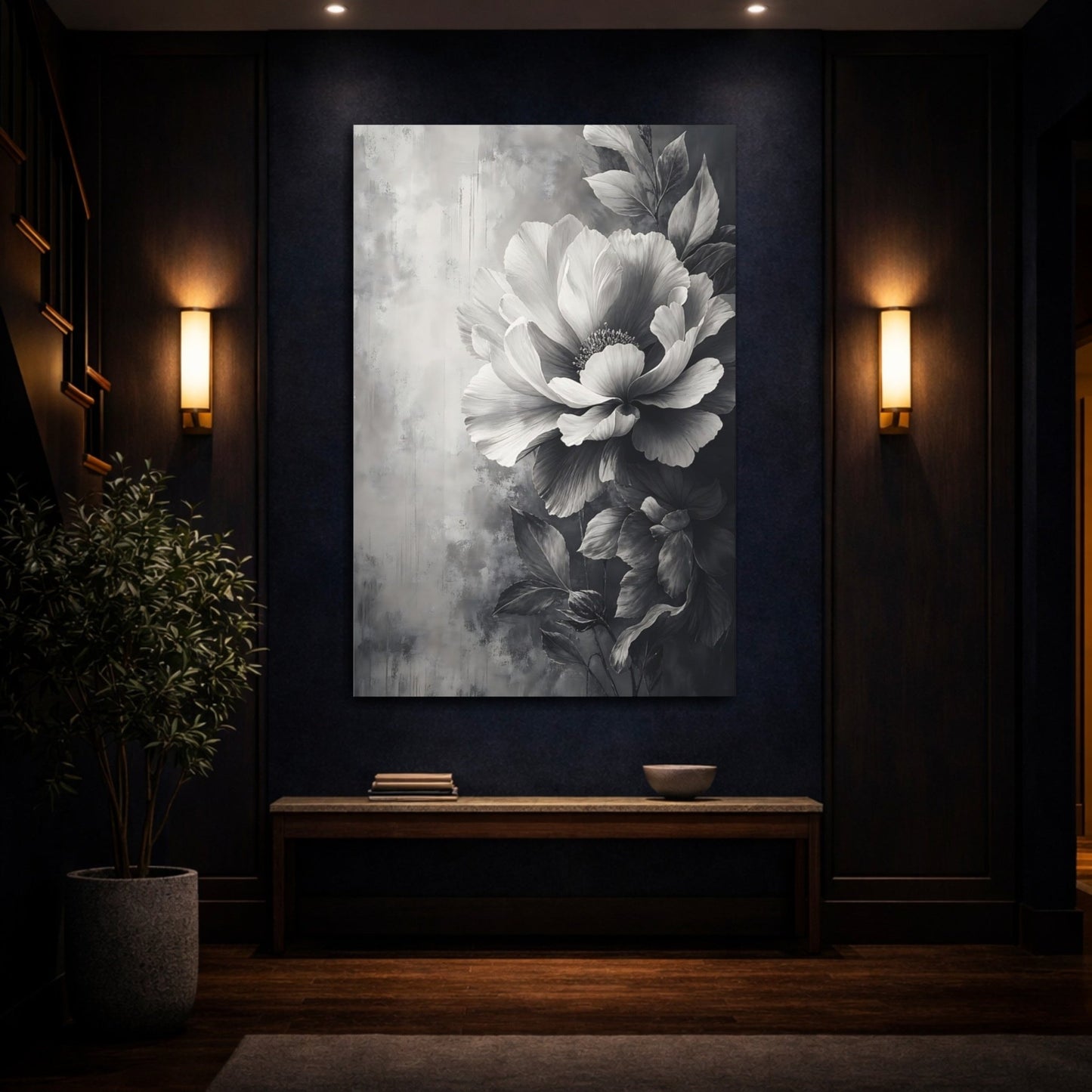 Floral Peony Flower Monochrome Canvas Wall Art Print – Fine Living Room, Above Couch - YesArtYes