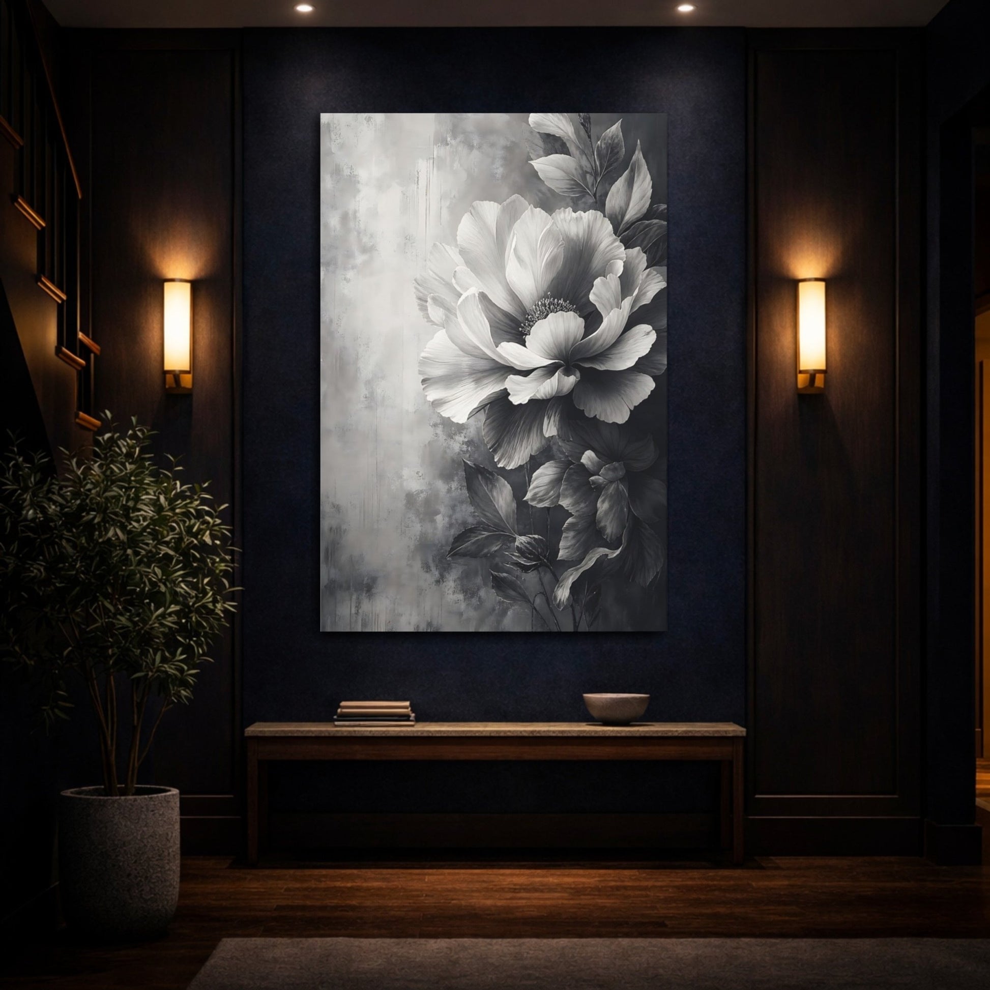 Floral Peony Flower Monochrome Canvas Wall Art Print – Fine Living Room, Above Couch - YesArtYes