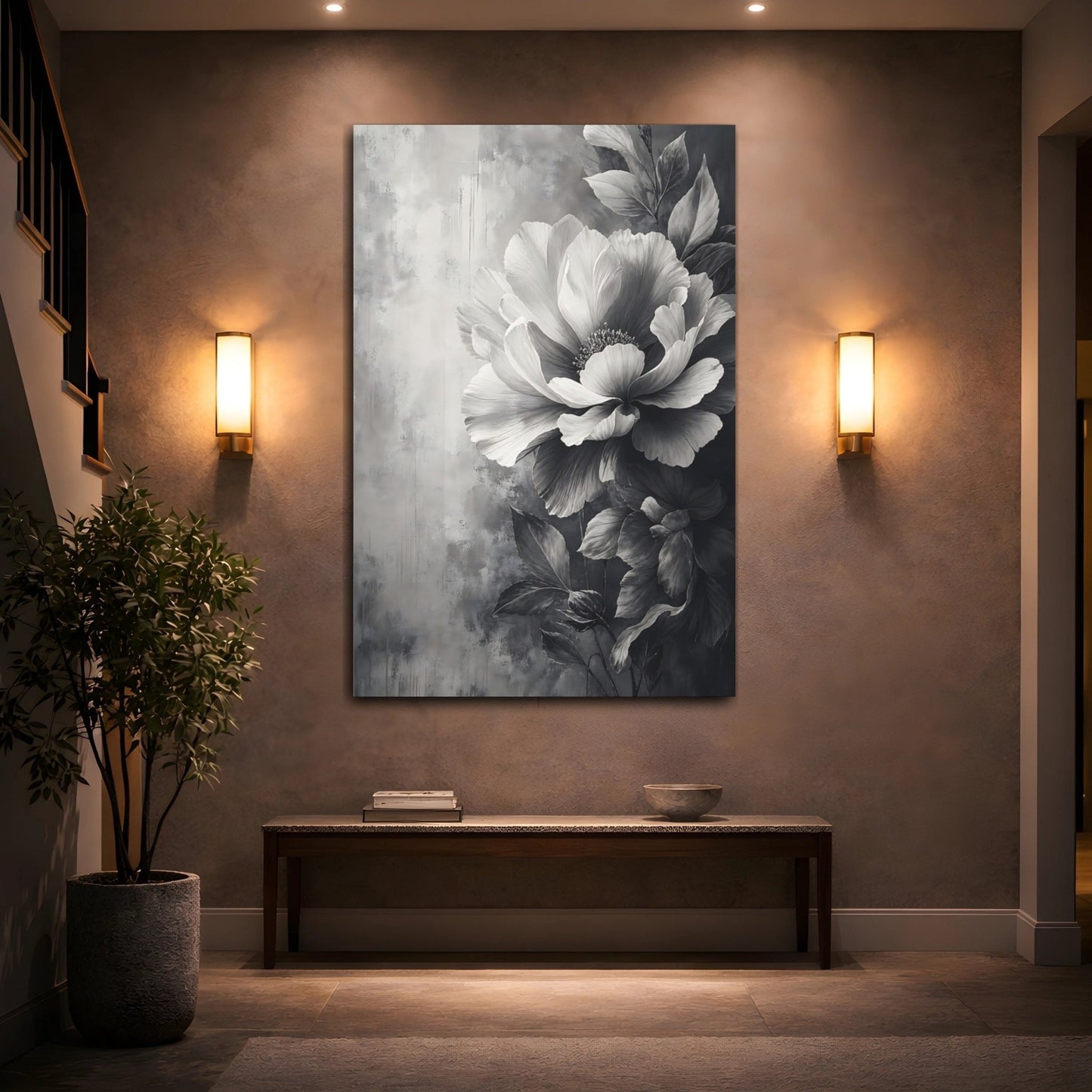 Floral Peony Flower Monochrome Canvas Wall Art Print – Fine Living Room, Above Couch - YesArtYes