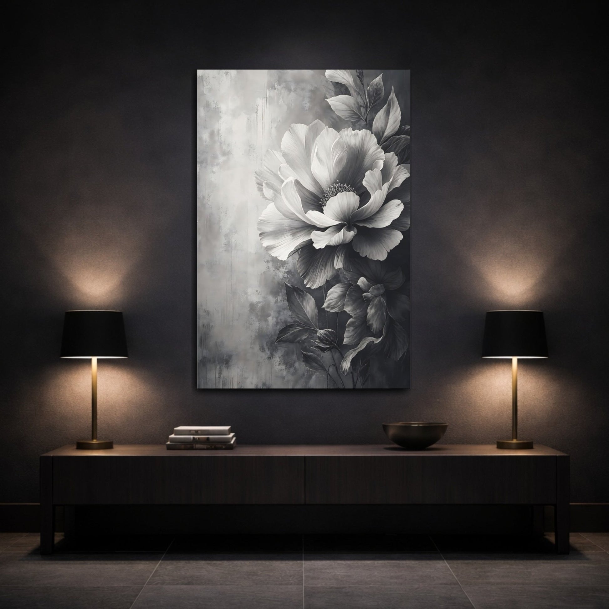 Floral Peony Flower Monochrome Canvas Wall Art Print – Fine Living Room, Above Couch - YesArtYes