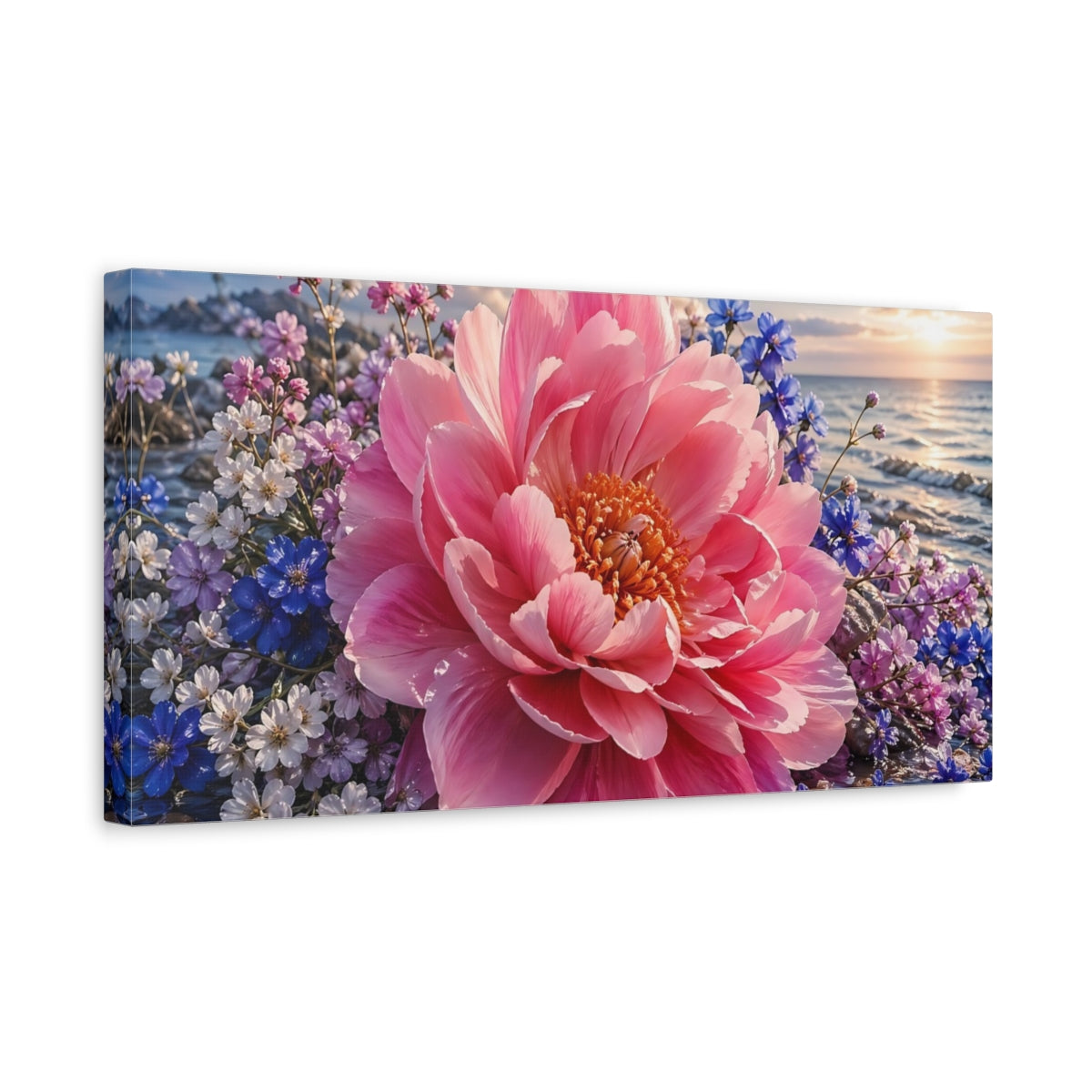 Side Mockup 3. Floral Peony Flower Pink Floral shown as stretched canvas wall art