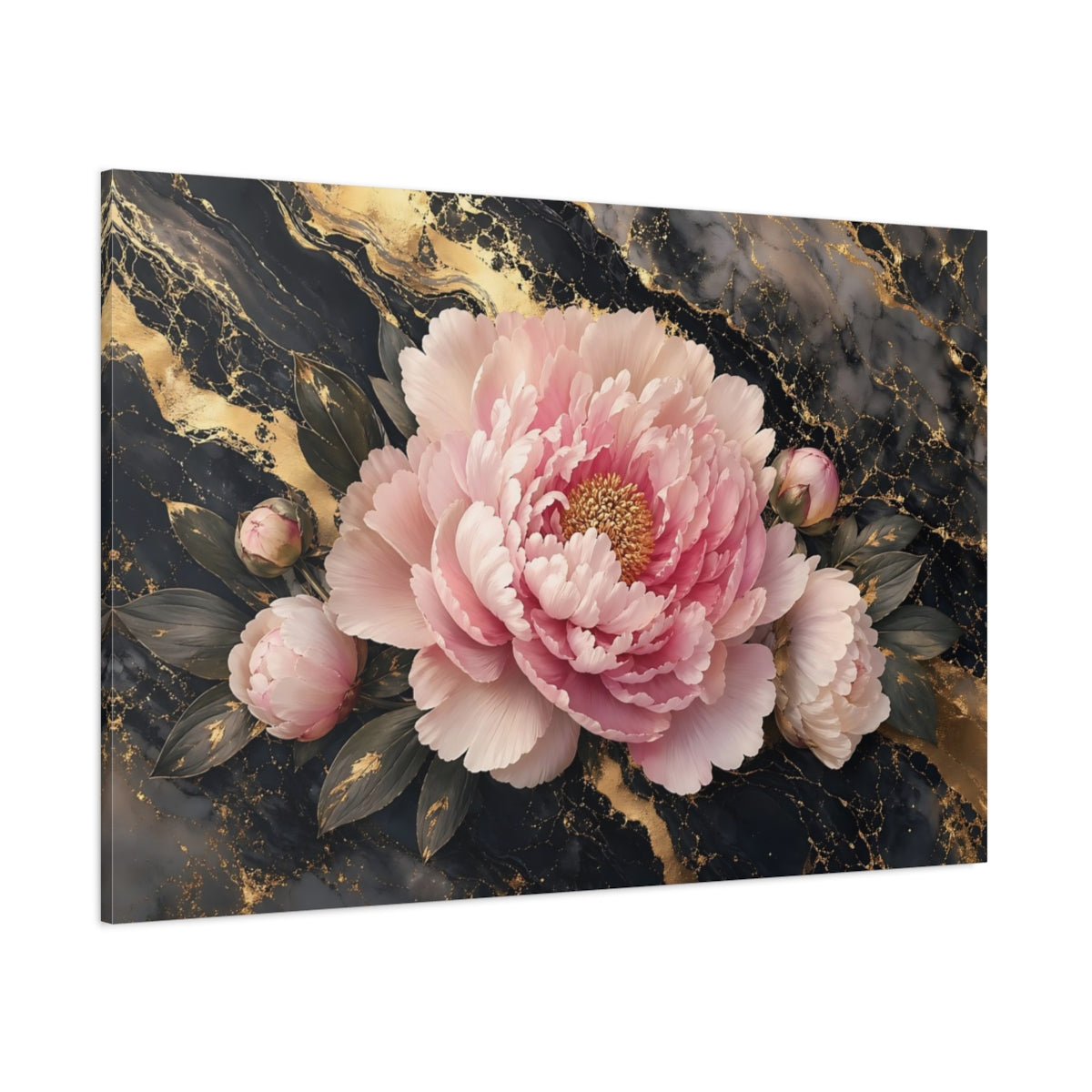 Side Mockup 1. Floral Peony Flower Pink Gold Floral shown as stretched canvas wall art