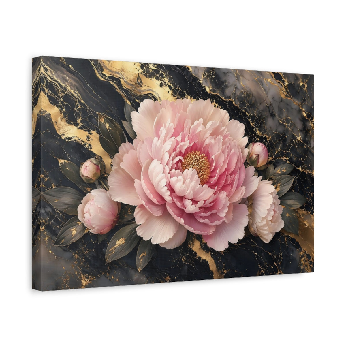 Side Mockup 4. Floral Peony Flower Pink Gold Floral shown as stretched canvas wall art