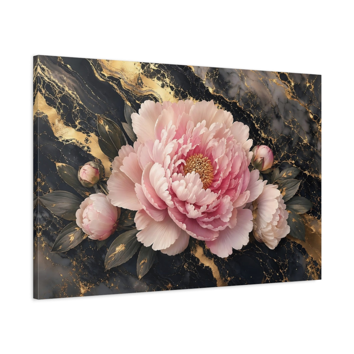 Main Mockup. Floral Peony Flower Pink Gold Floral shown as stretched canvas wall art