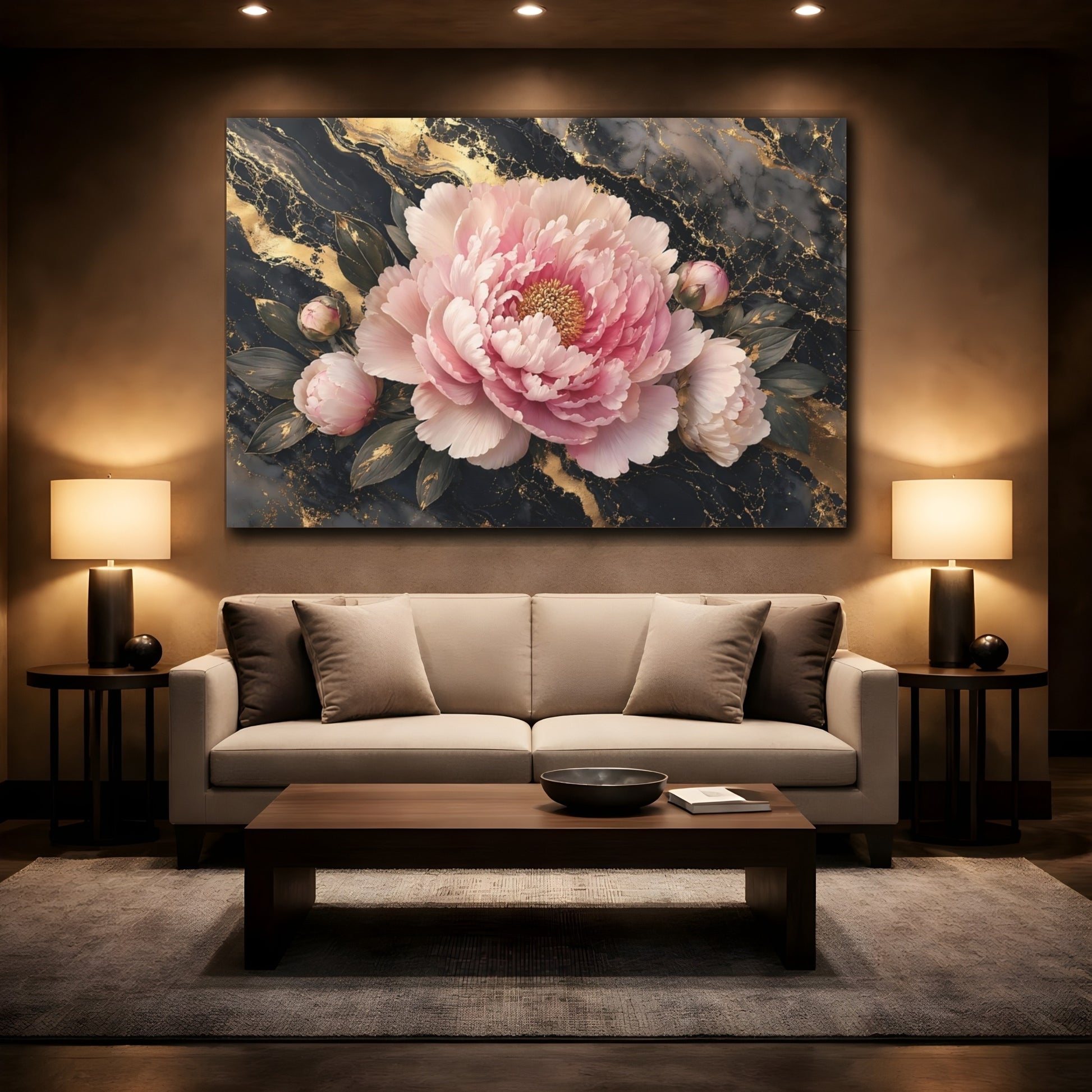 Mockup 2. Floral Peony Flower Pink Gold Floral shown as stretched canvas wall art