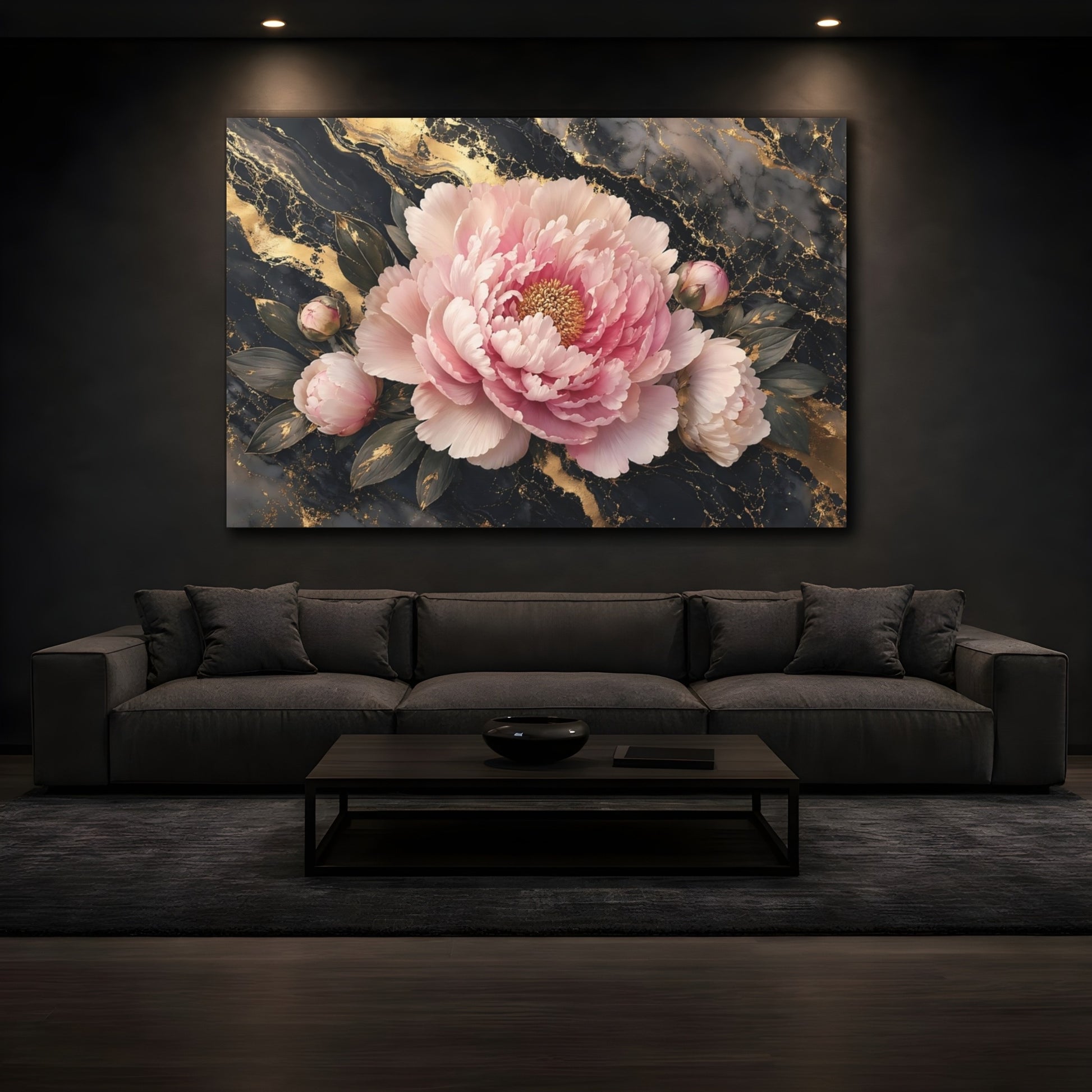 Mockup 3. Floral Peony Flower Pink Gold Floral shown as stretched canvas wall art
