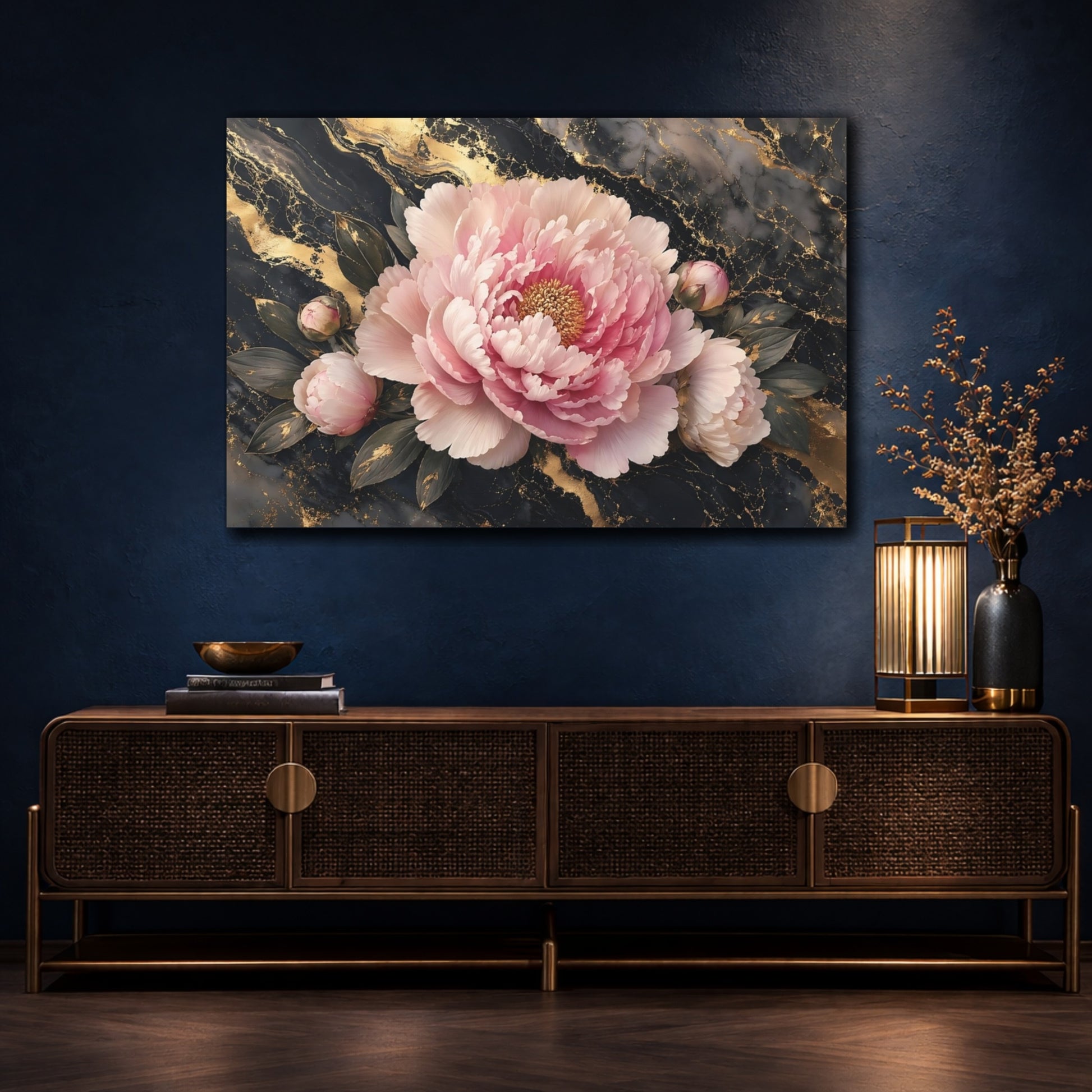 Mockup 4. Floral Peony Flower Pink Gold Floral shown as stretched canvas wall art