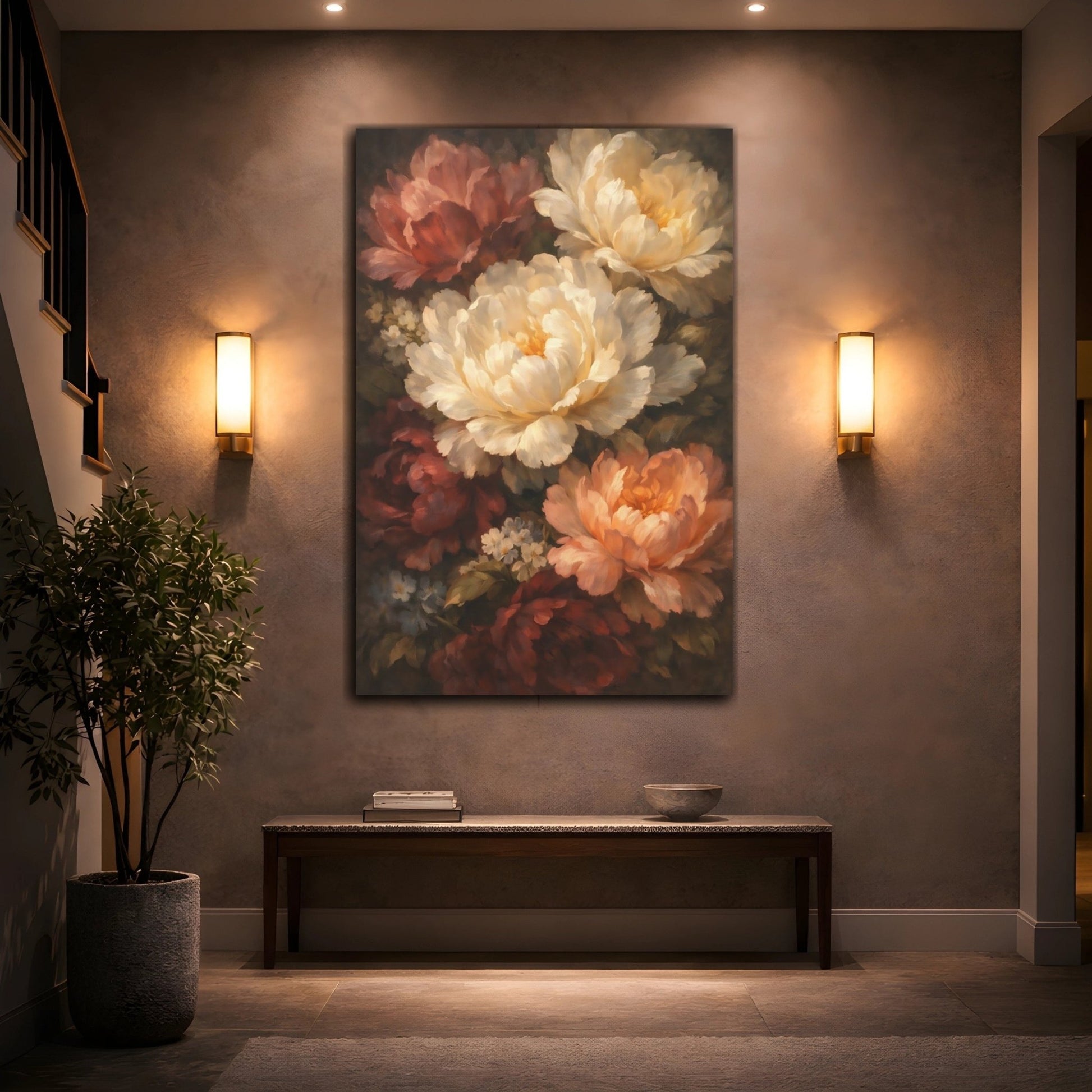Floral Peony Flowers Dark - Canvas Wall Art Print - YesArtYes