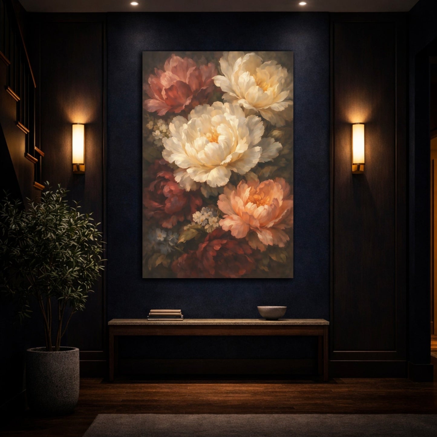 Floral Peony Flowers Dark - Canvas Wall Art Print - YesArtYes