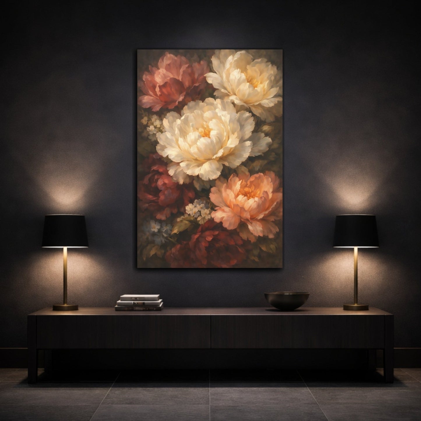 Floral Peony Flowers Dark - Canvas Wall Art Print - YesArtYes