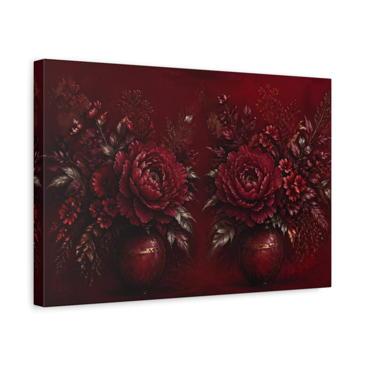 Side Mockup 4. Floral Peony Flowers Deep Red Floral shown as stretched canvas wall art