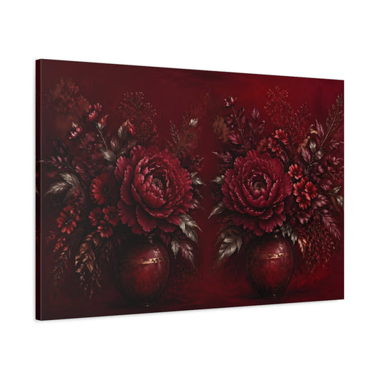 Main Mockup. Floral Peony Flowers Deep Red Floral shown as stretched canvas wall art