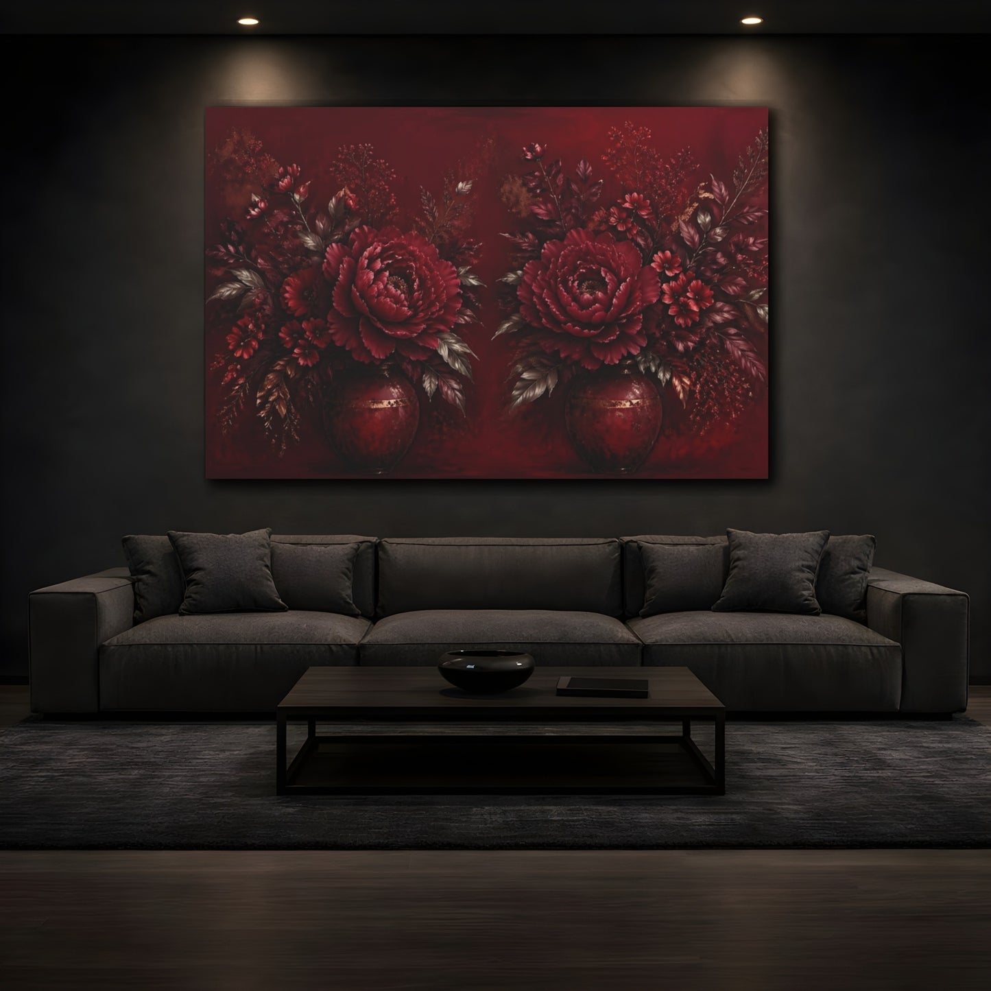 Mockup 3. Floral Peony Flowers Deep Red Floral shown as stretched canvas wall art