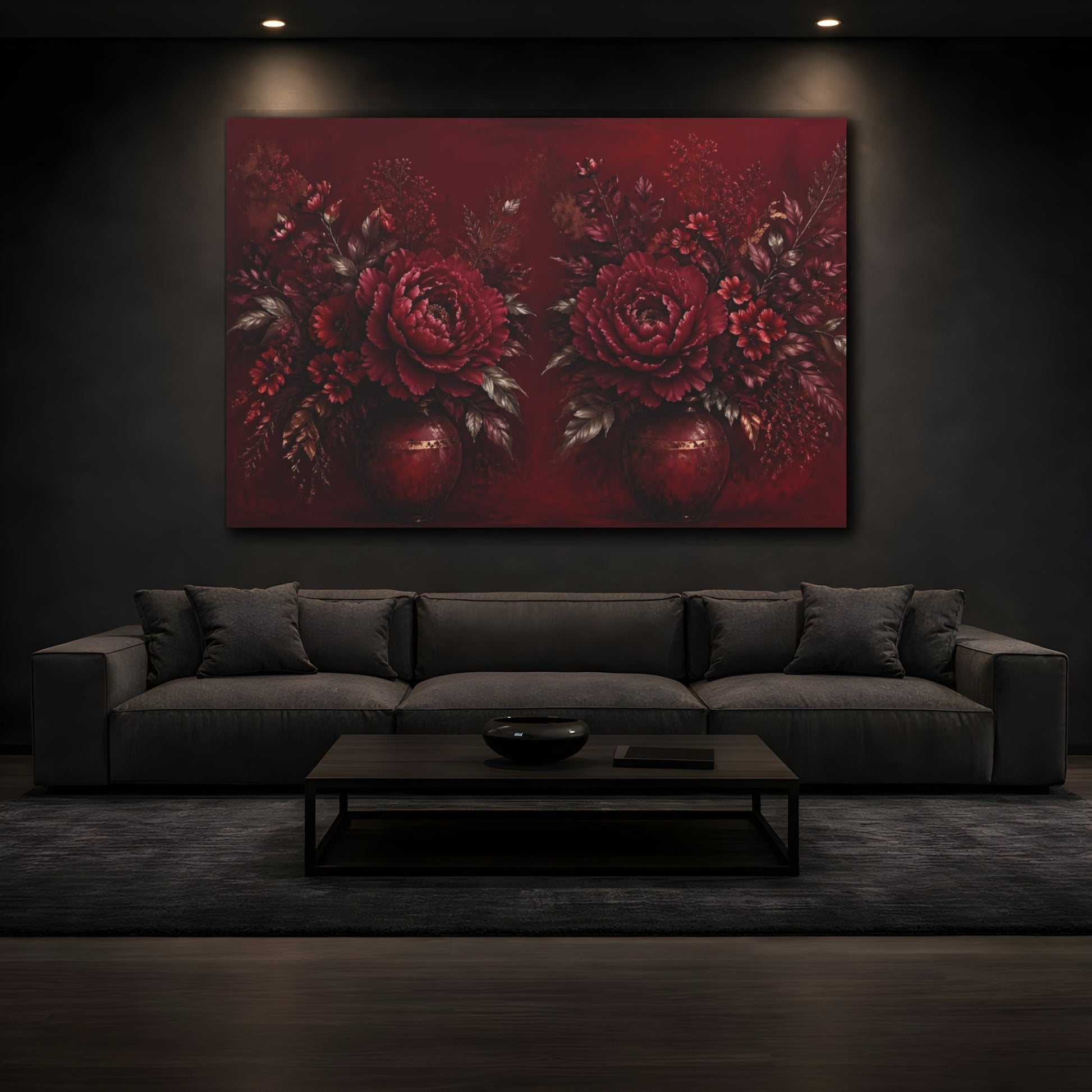 Mockup 3. Floral Peony Flowers Deep Red Floral shown as stretched canvas wall art