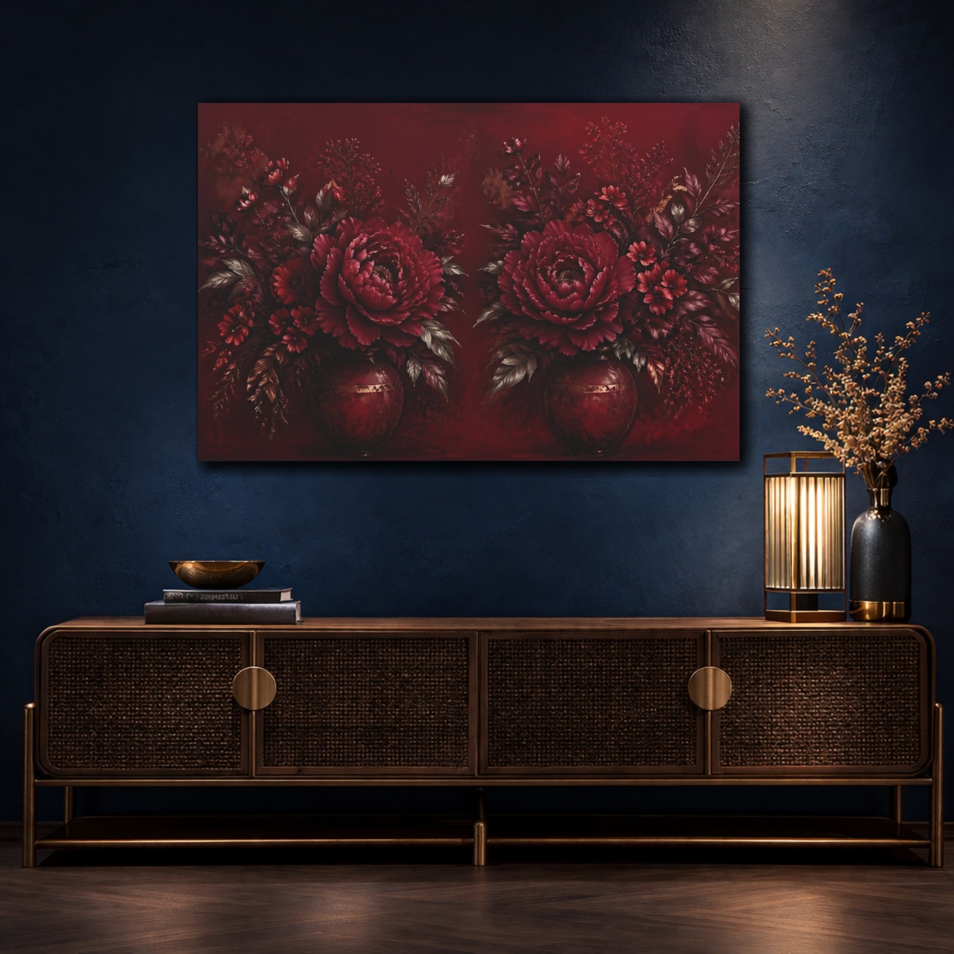 Mockup 4. Floral Peony Flowers Deep Red Floral shown as stretched canvas wall art
