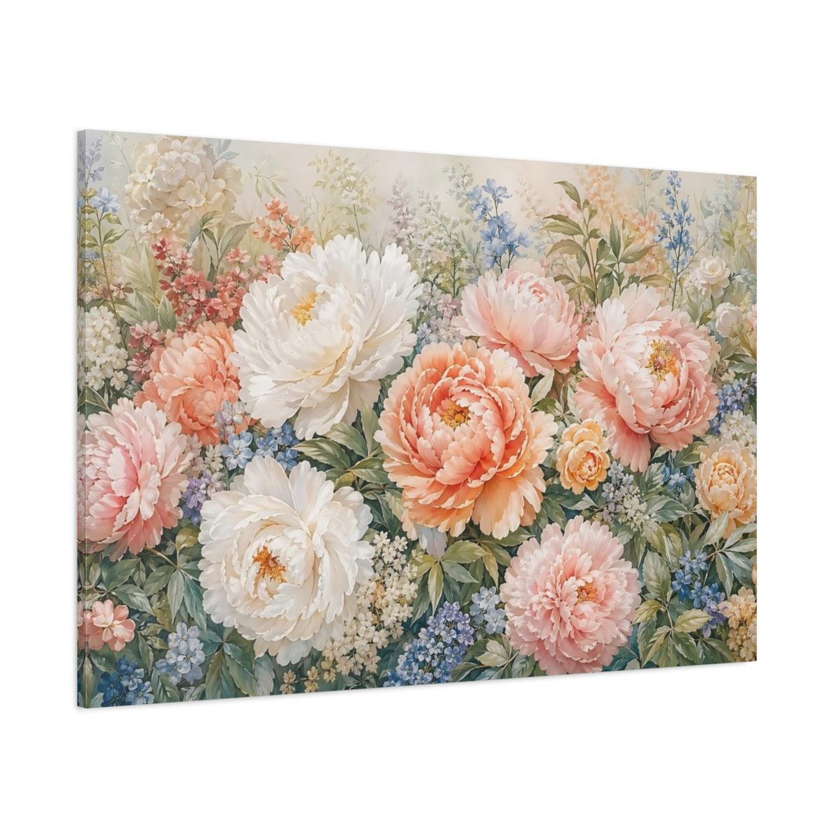 Side Mockup 1. Floral Peony Flowers Pastel Pink Peony shown as stretched canvas wall art