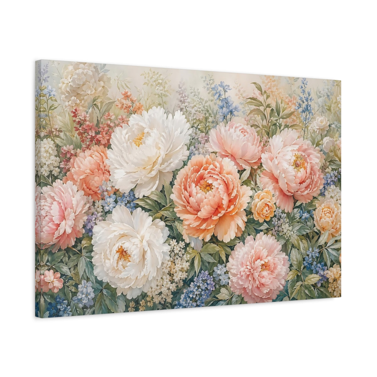 Side Mockup 2. Floral Peony Flowers Pastel Pink Peony shown as stretched canvas wall art