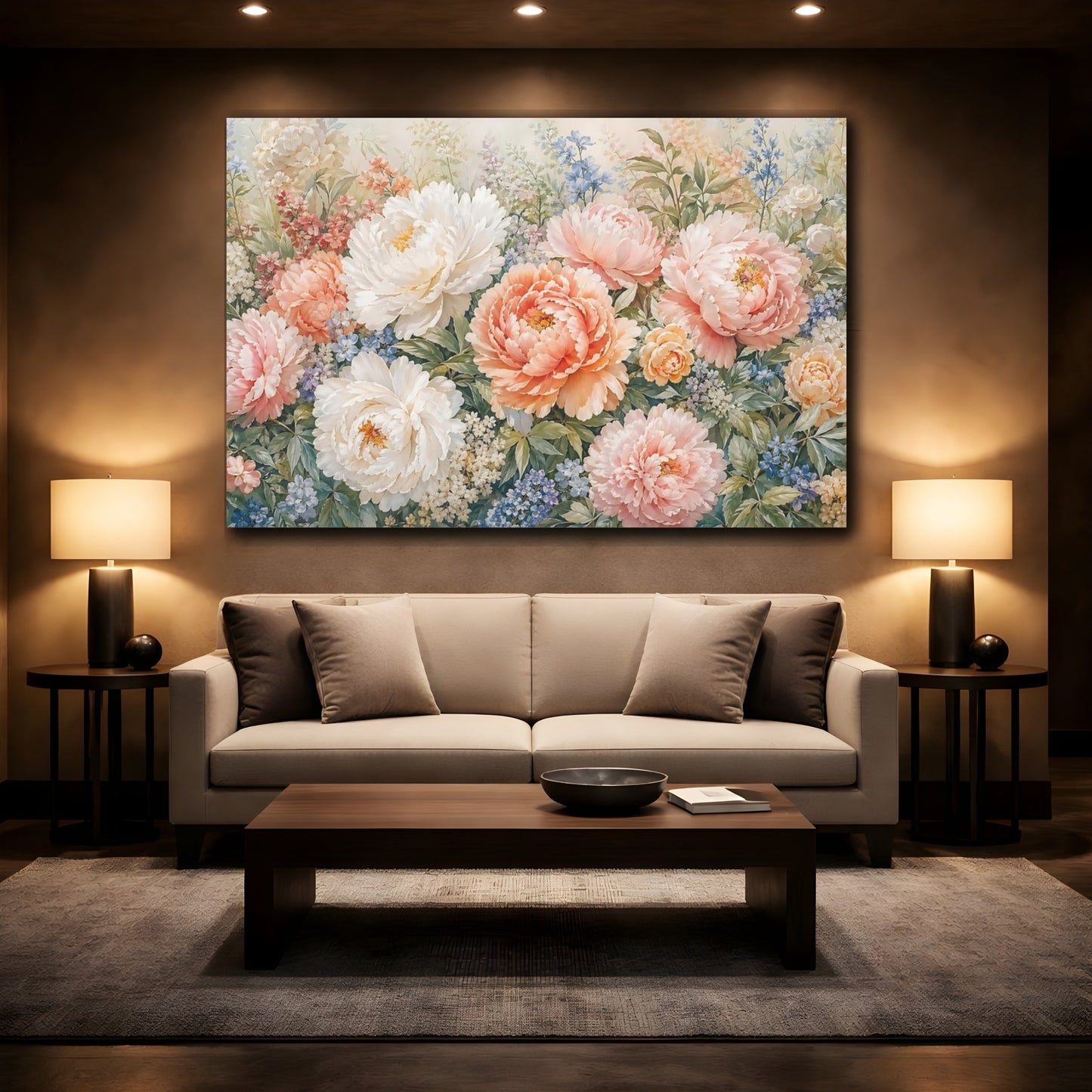 Mockup 2. Floral Peony Flowers Pastel Pink Peony shown as stretched canvas wall art