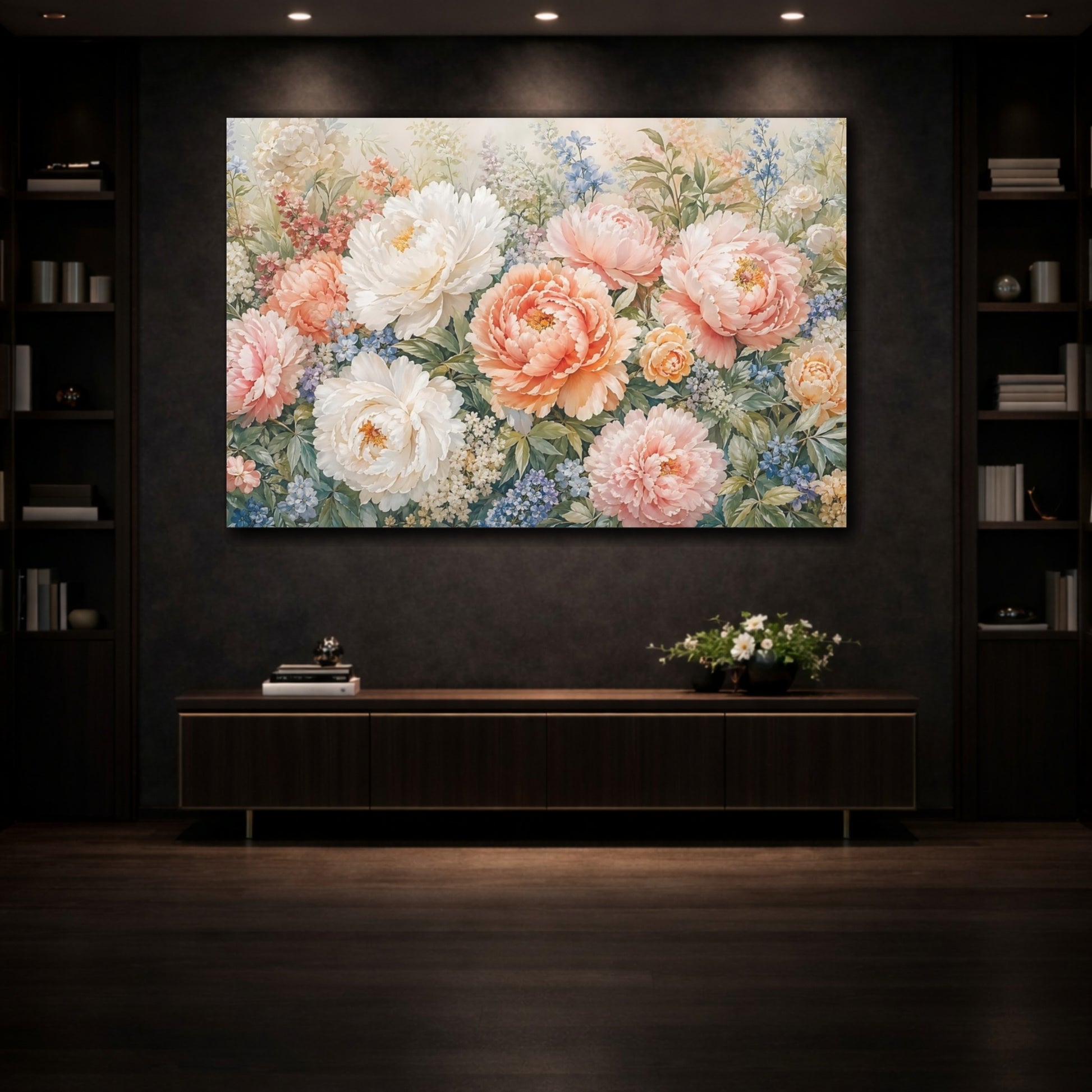 Mockup 3. Floral Peony Flowers Pastel Pink Peony shown as stretched canvas wall art