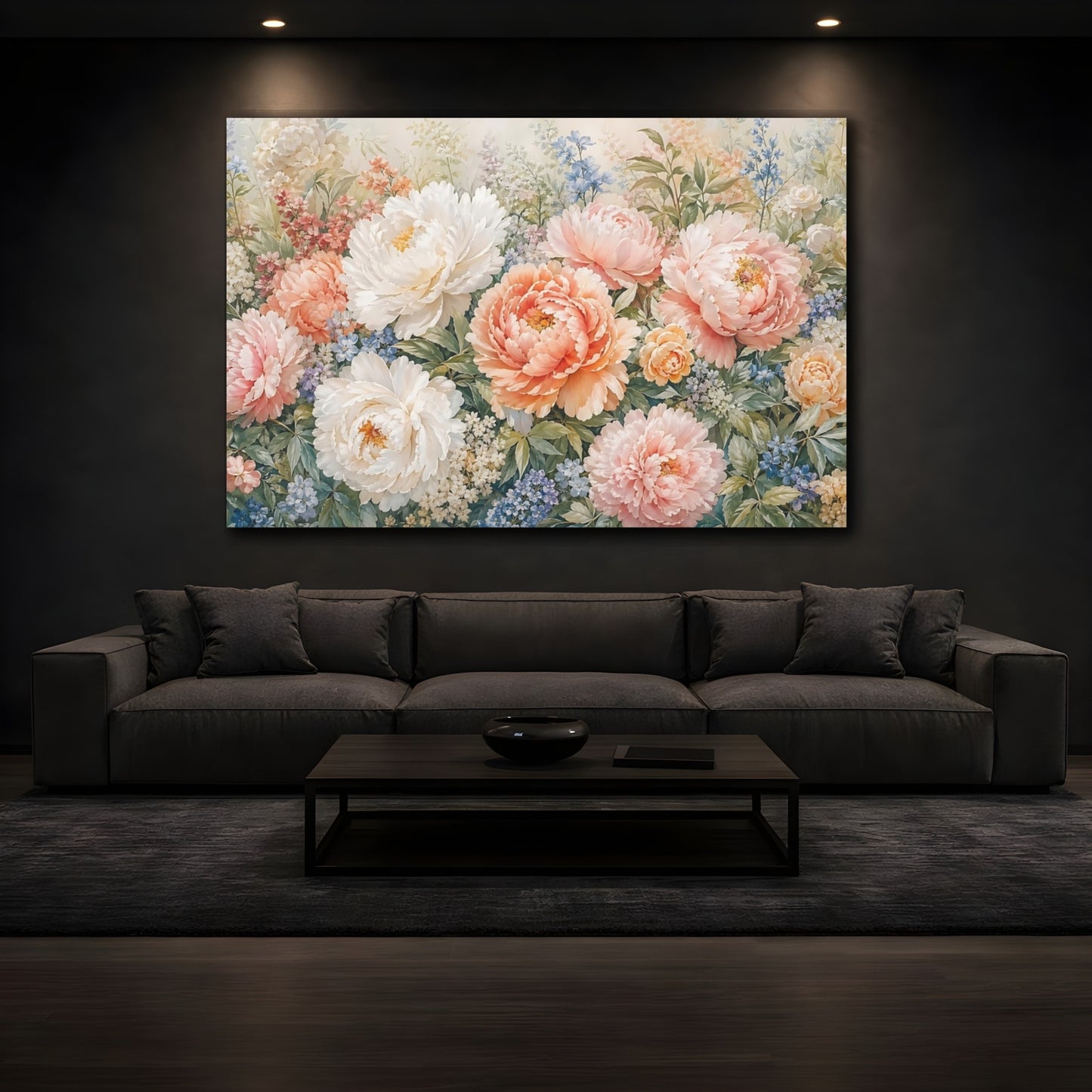 Mockup 4. Floral Peony Flowers Pastel Pink Peony shown as stretched canvas wall art