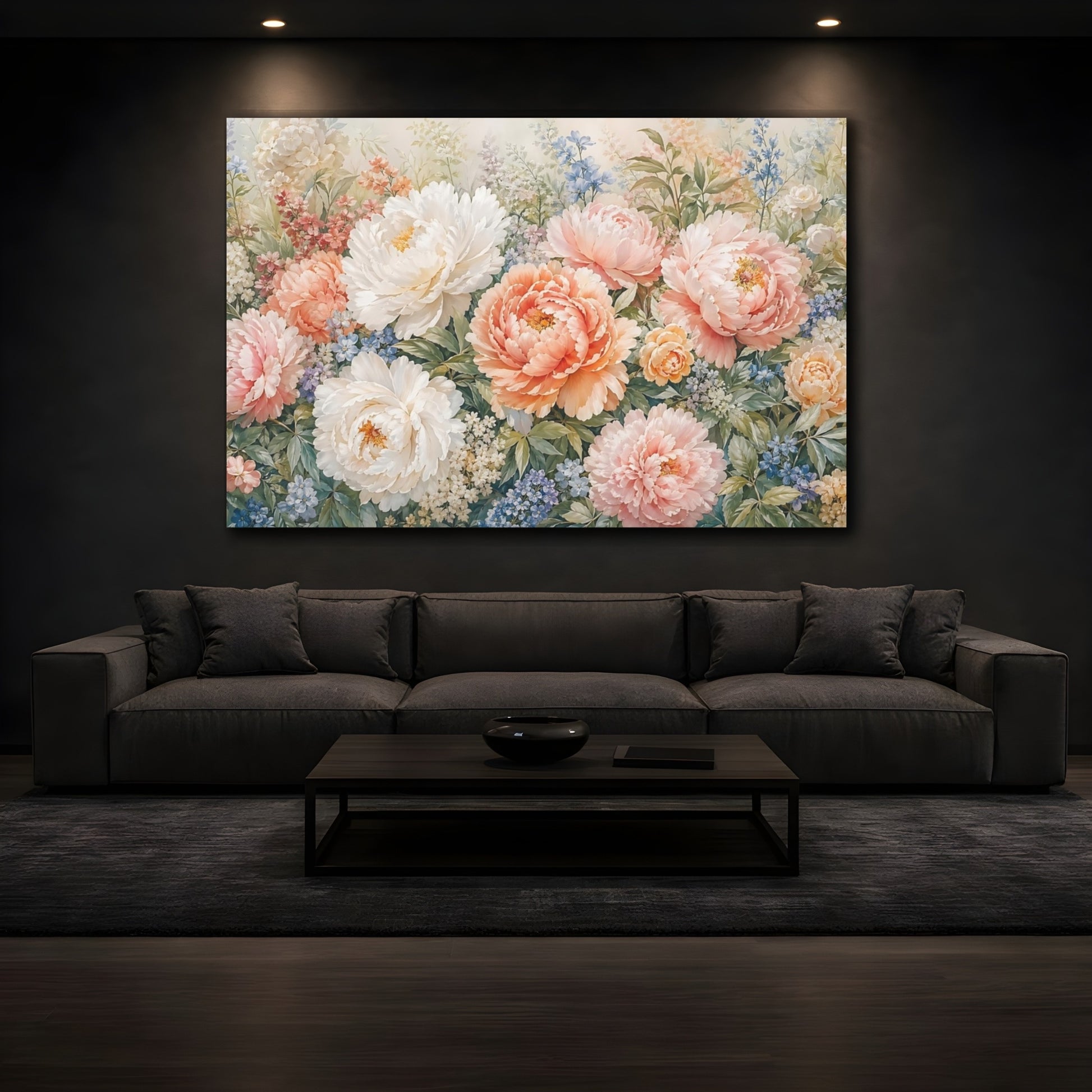 Mockup 4. Floral Peony Flowers Pastel Pink Peony shown as stretched canvas wall art