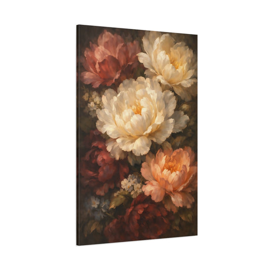 Main Mockup. Floral Peony Flowers Peony Floral Dark shown as stretched canvas wall art