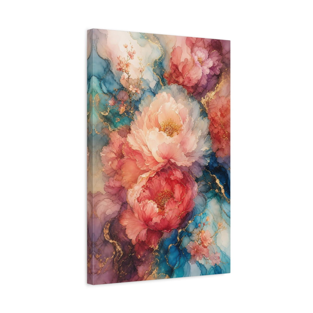 Side Mockup 3. Floral Peony Flowers Pink Blue Gold Floral shown as stretched canvas wall art