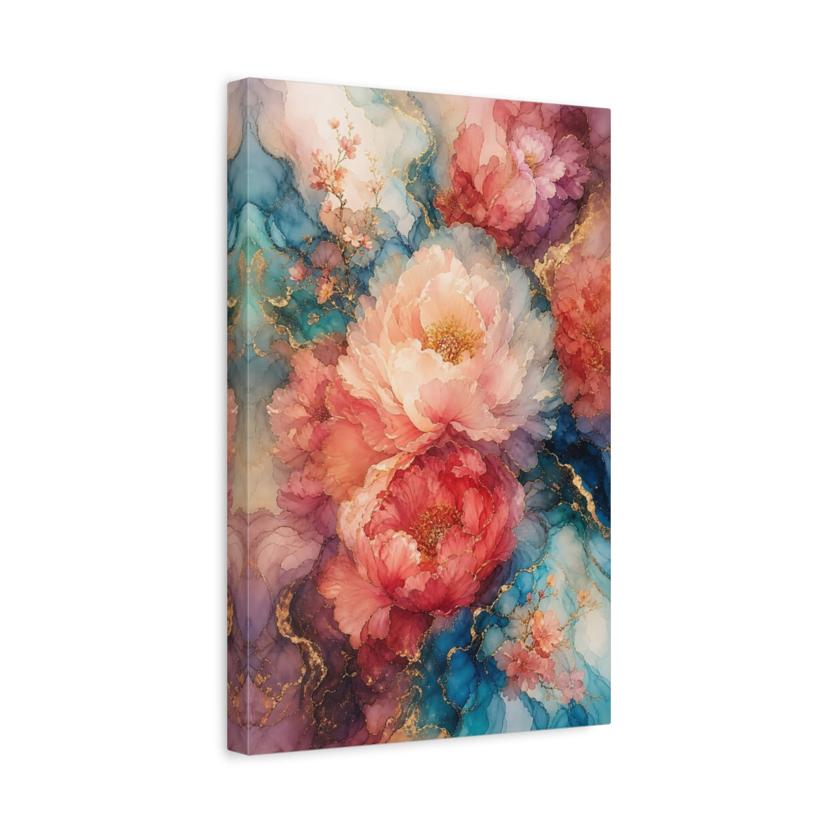 Side Mockup 4. Floral Peony Flowers Pink Blue Gold Floral shown as stretched canvas wall art