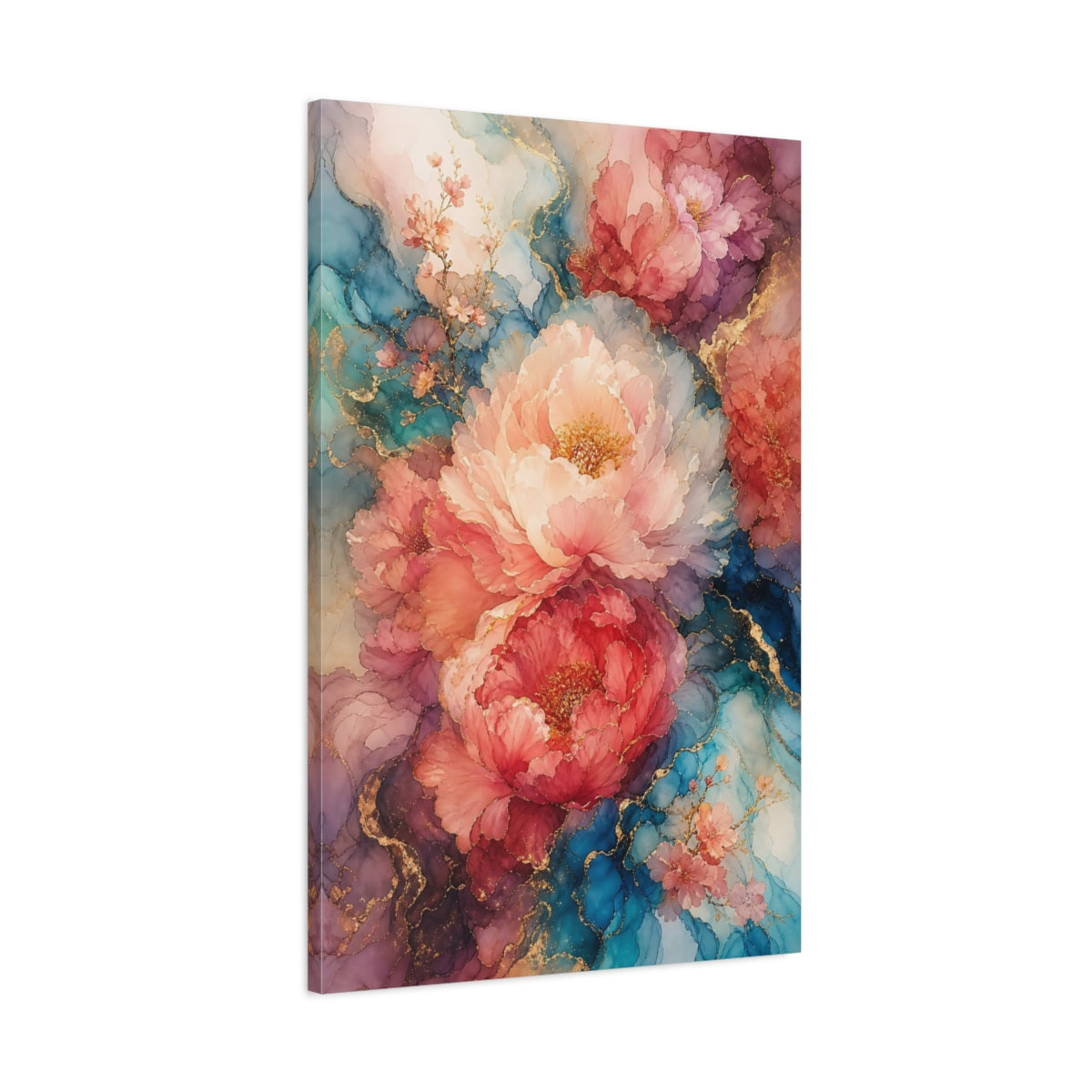 Main Mockup. Floral Peony Flowers Pink Blue Gold Floral shown as stretched canvas wall art