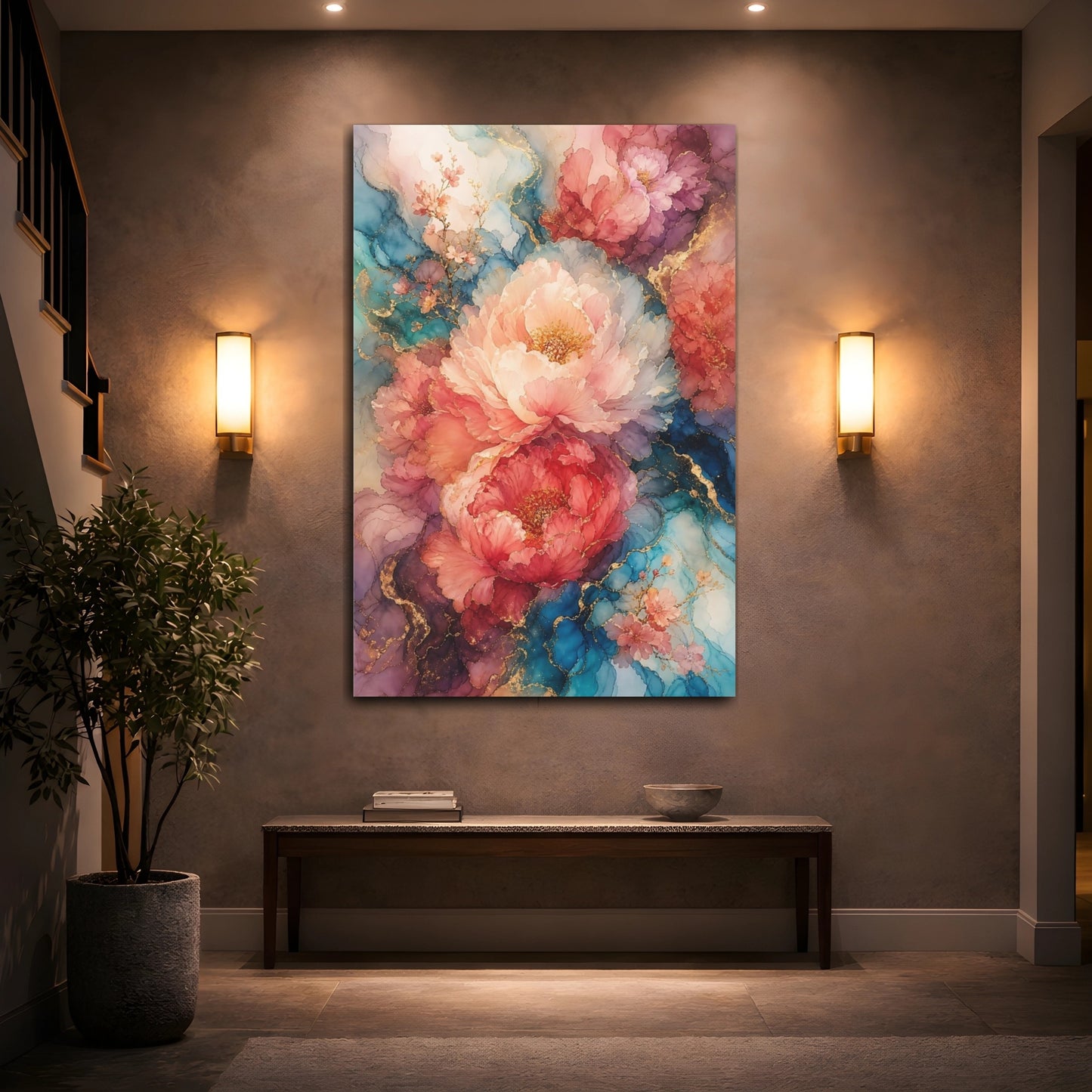 Mockup 2. Floral Peony Flowers Pink Blue Gold Floral shown as stretched canvas wall art
