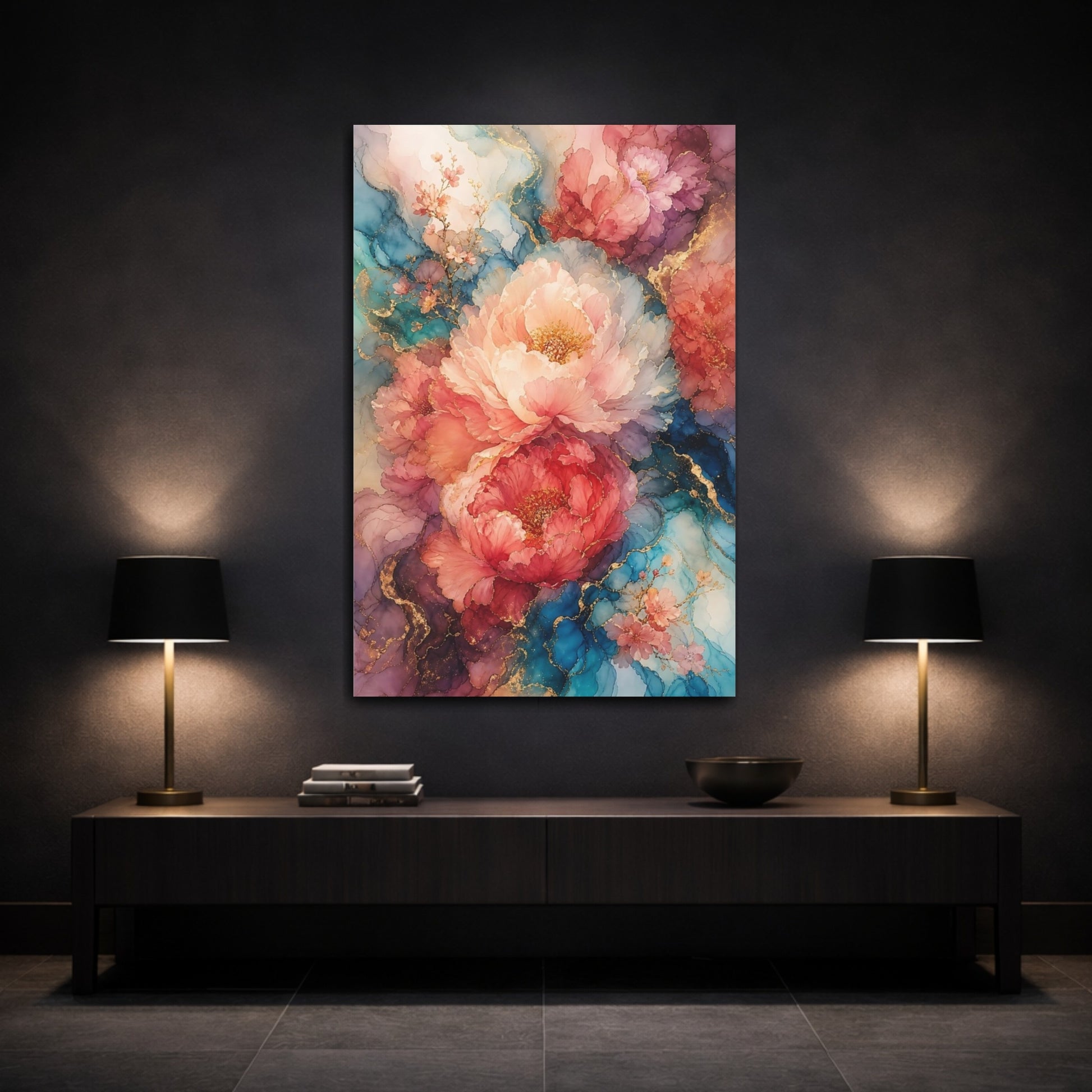 Mockup 3. Floral Peony Flowers Pink Blue Gold Floral shown as stretched canvas wall art