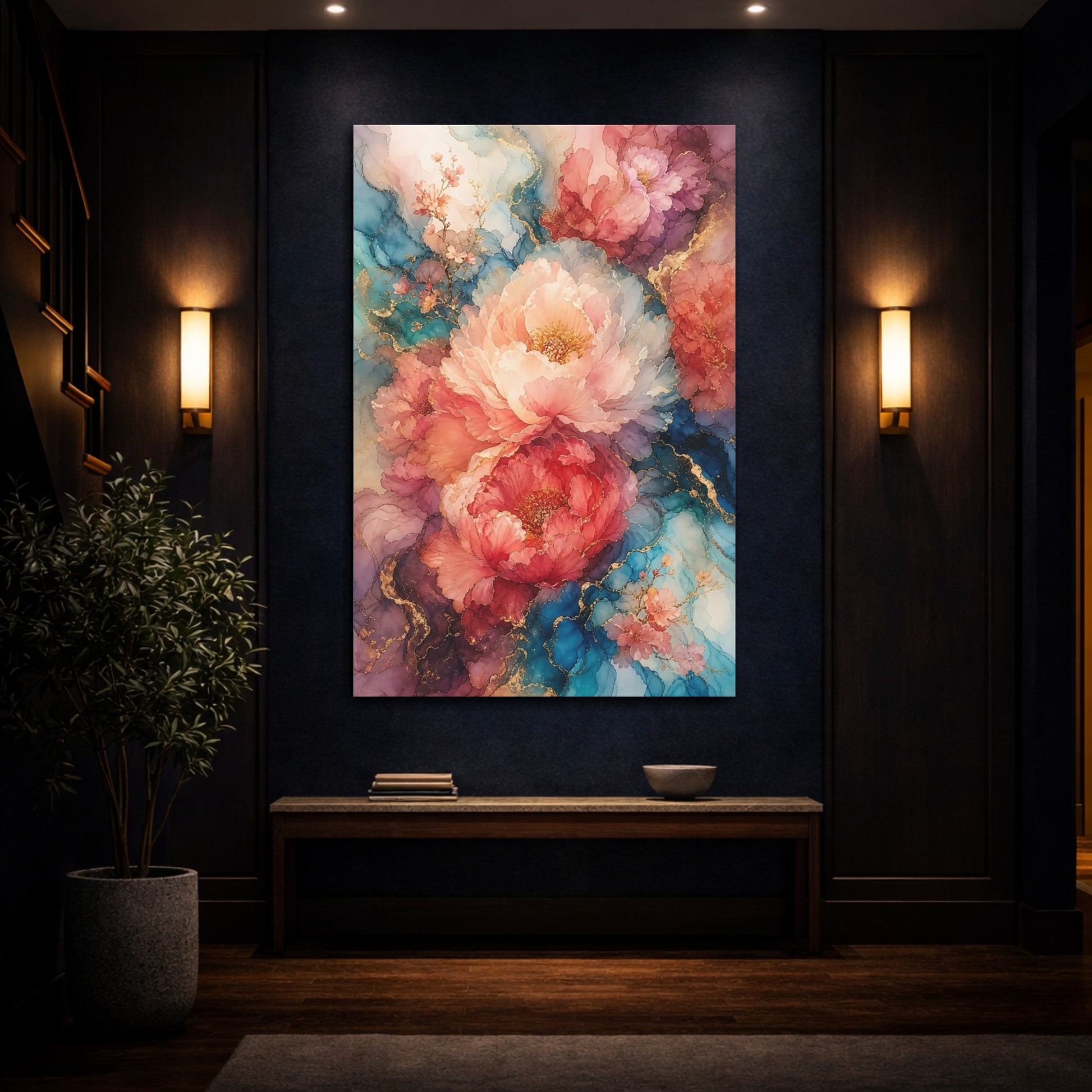 Mockup 4. Floral Peony Flowers Pink Blue Gold Floral shown as stretched canvas wall art